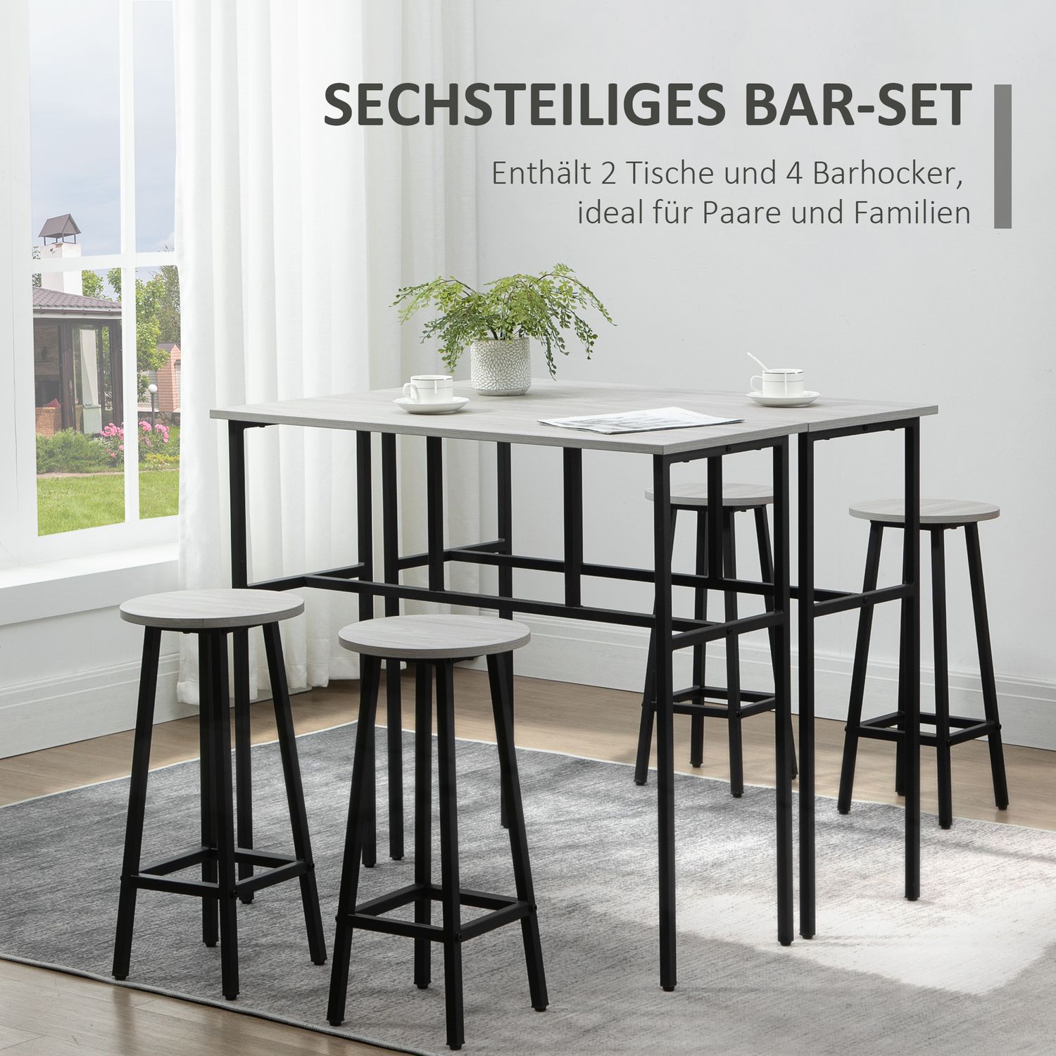 Industriell 6-delad matsalsset med barbord och stolar
