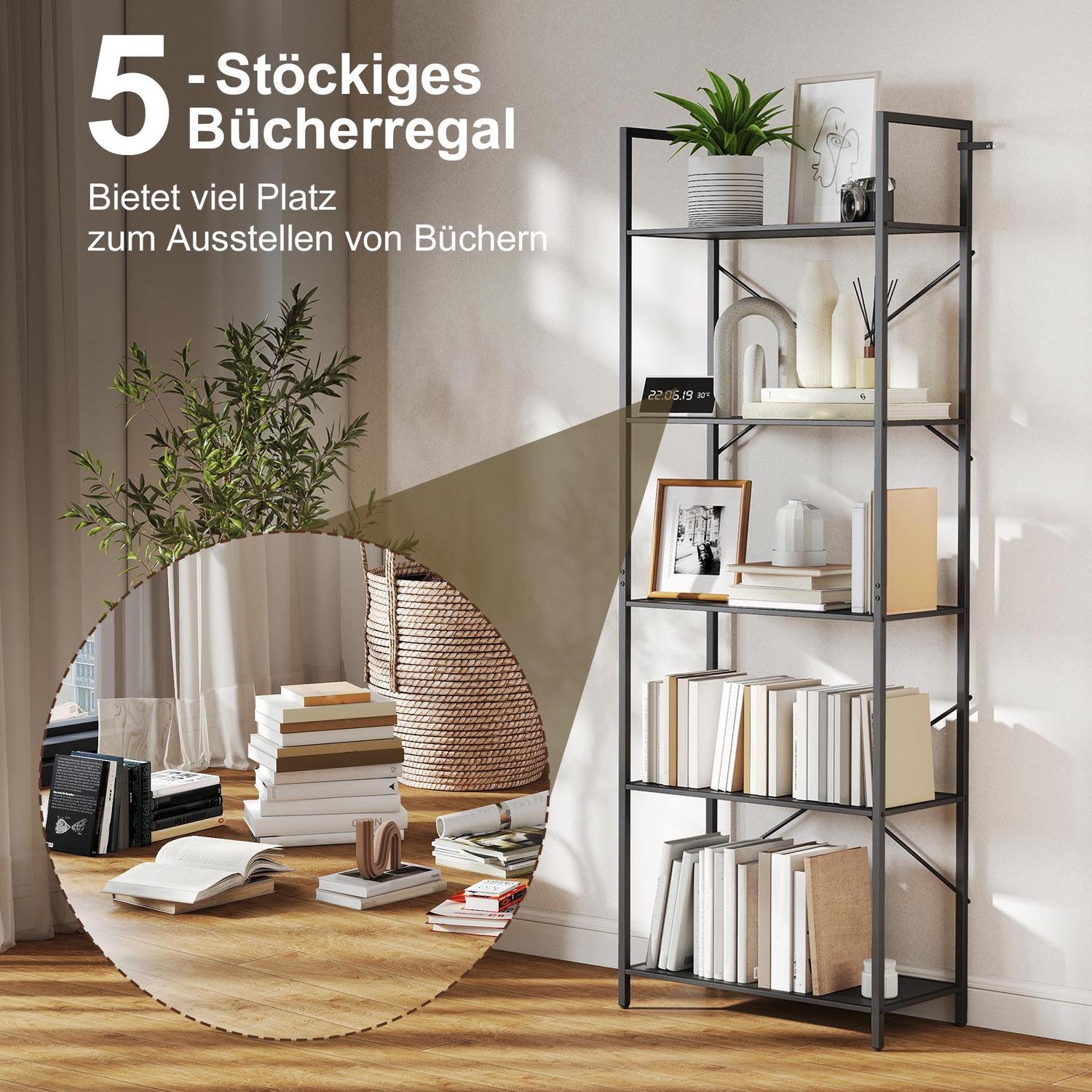 Industriell metallbokhylla med 5 våningar, 60x30x170,5 cm, svart