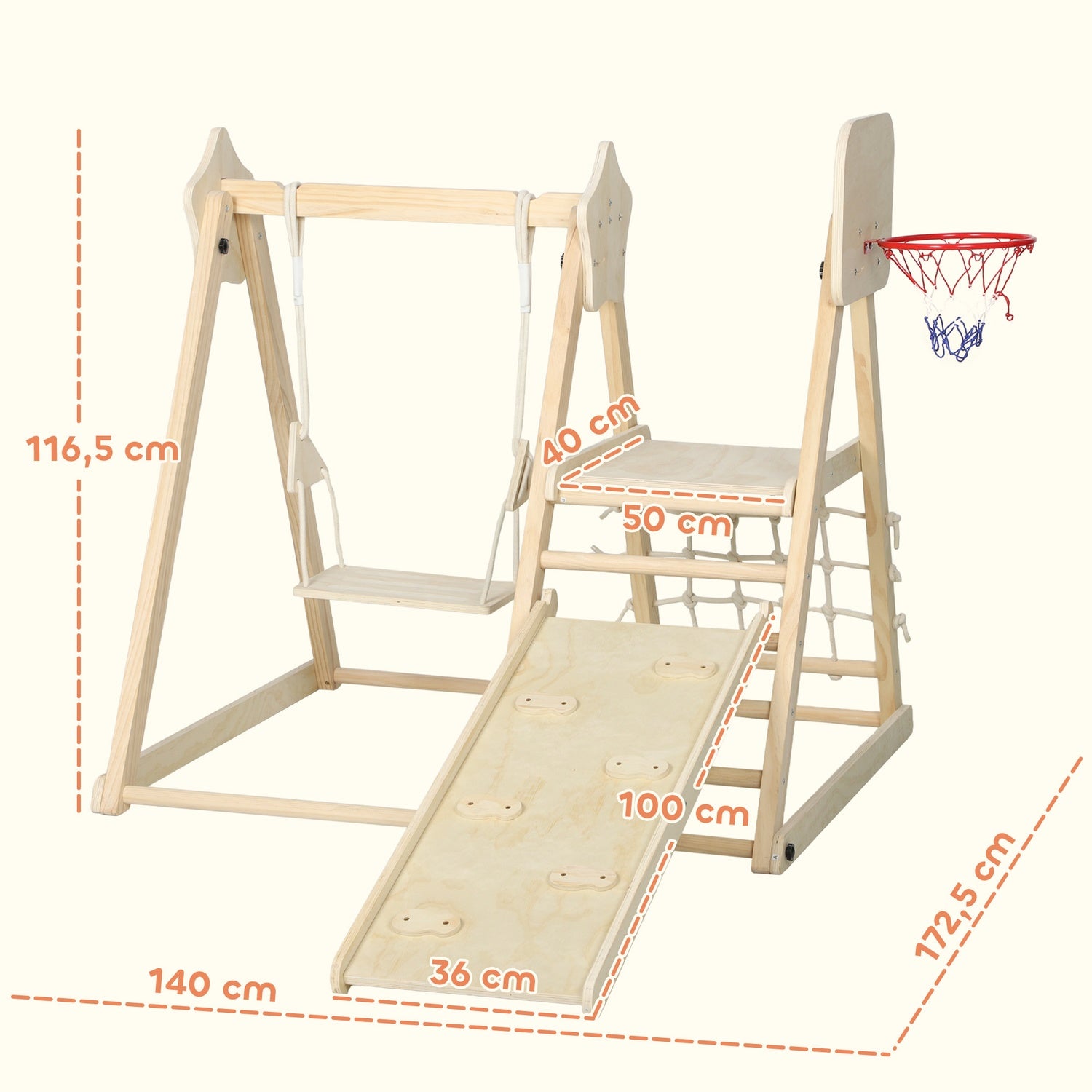 Inomhusklättergym med rutschkana, gunga, basketkorg, hopfällbar