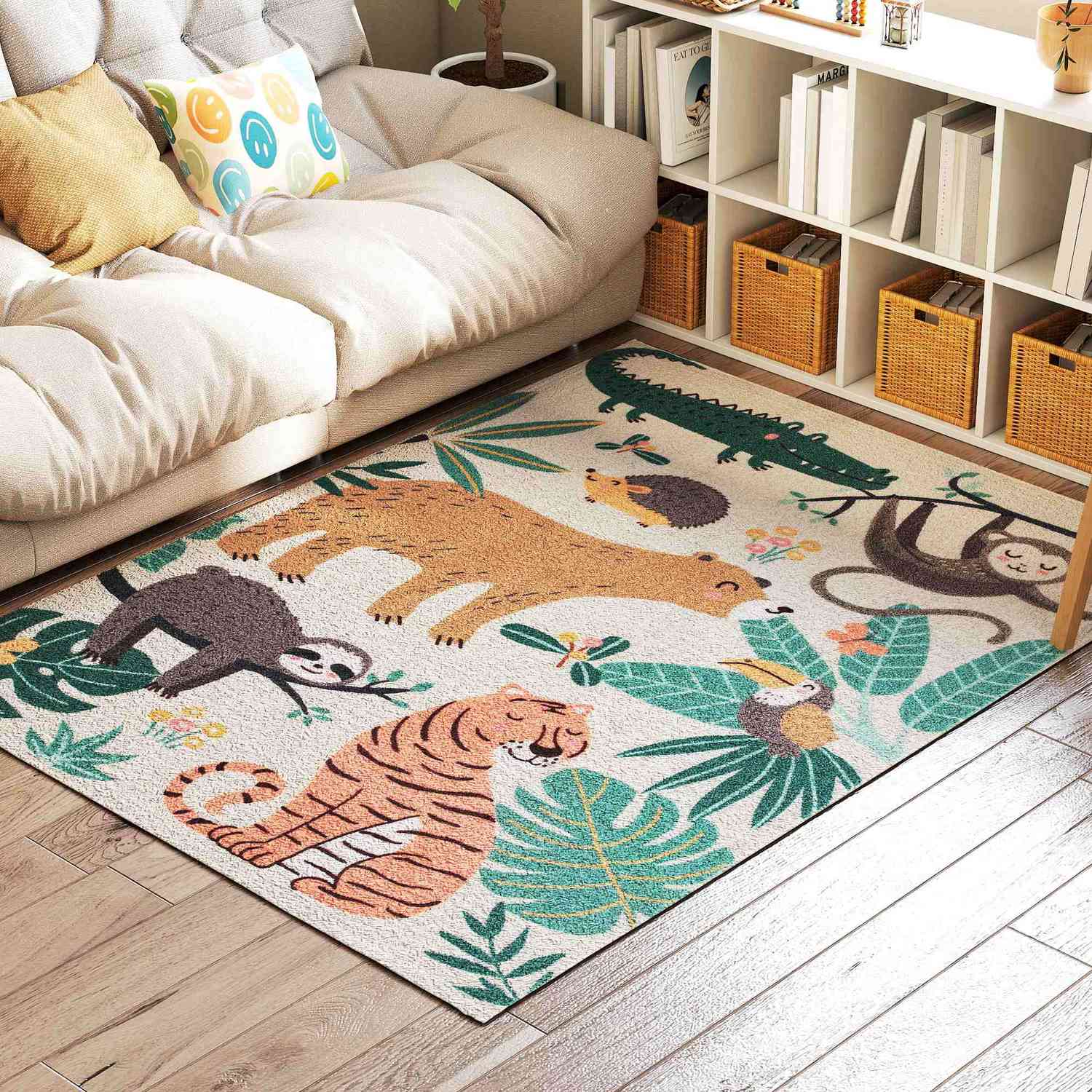 Jungle Pattern Fleece Matta, Halkfri, Cream & Multicolor