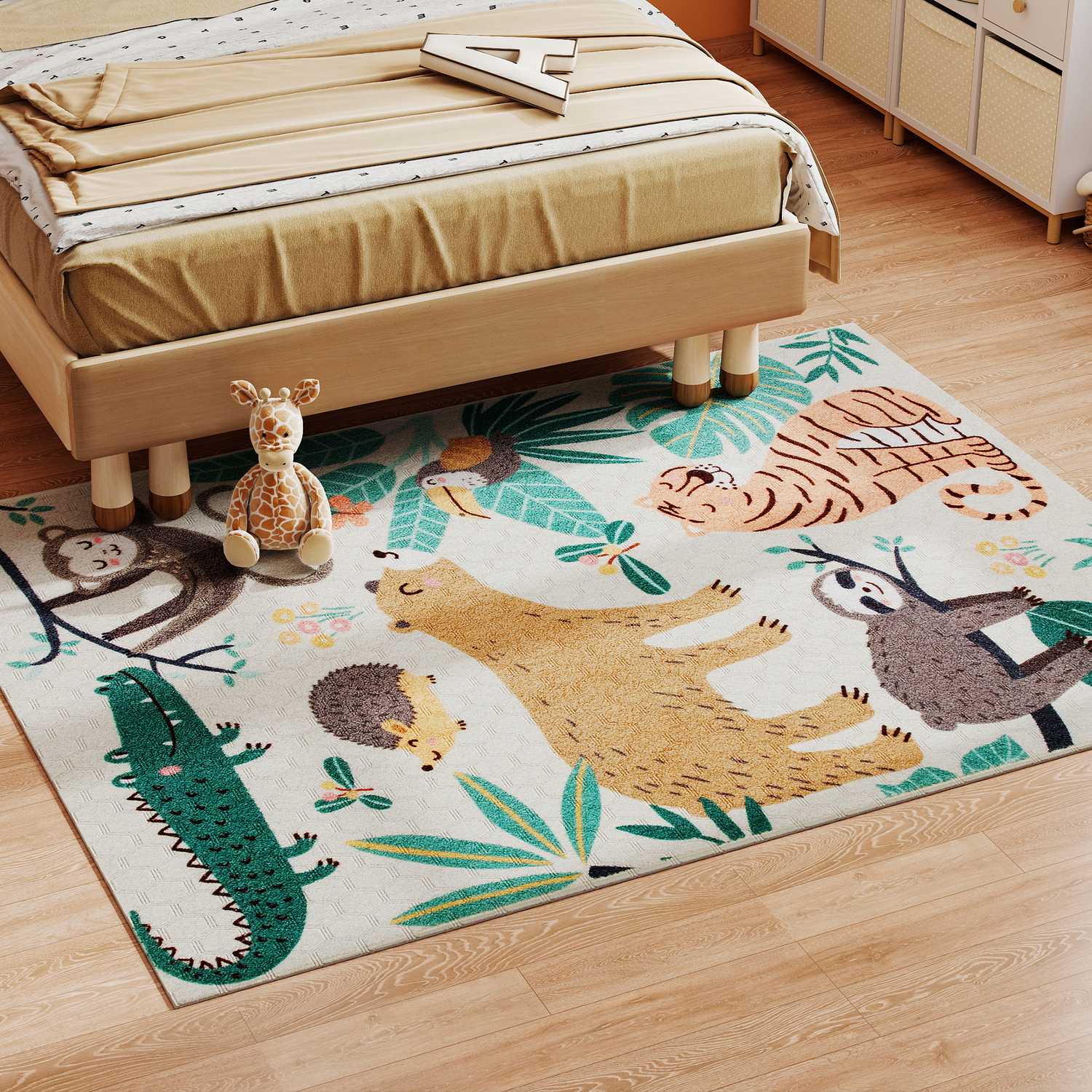 Jungle Pattern Fleece Matta, Halkfri, Cream & Multicolor