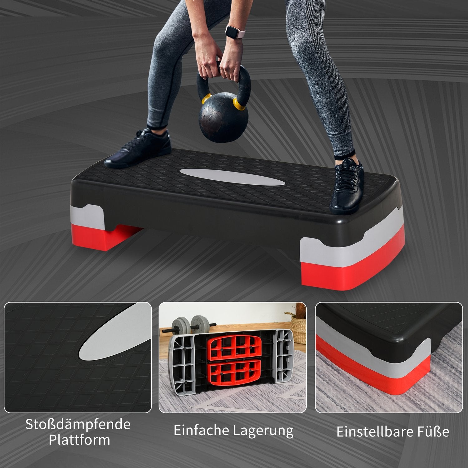 Justerbar Aerobic Stepper – 2 nivåer, 10/20 cm, svart/grå/röd