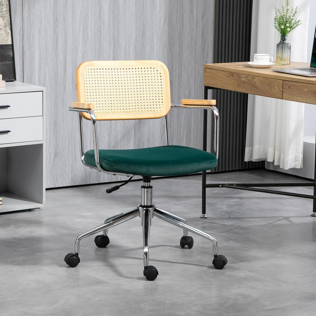 Verstellbarer Boho-Bürostuhl mit Armlehne, grün drehbar