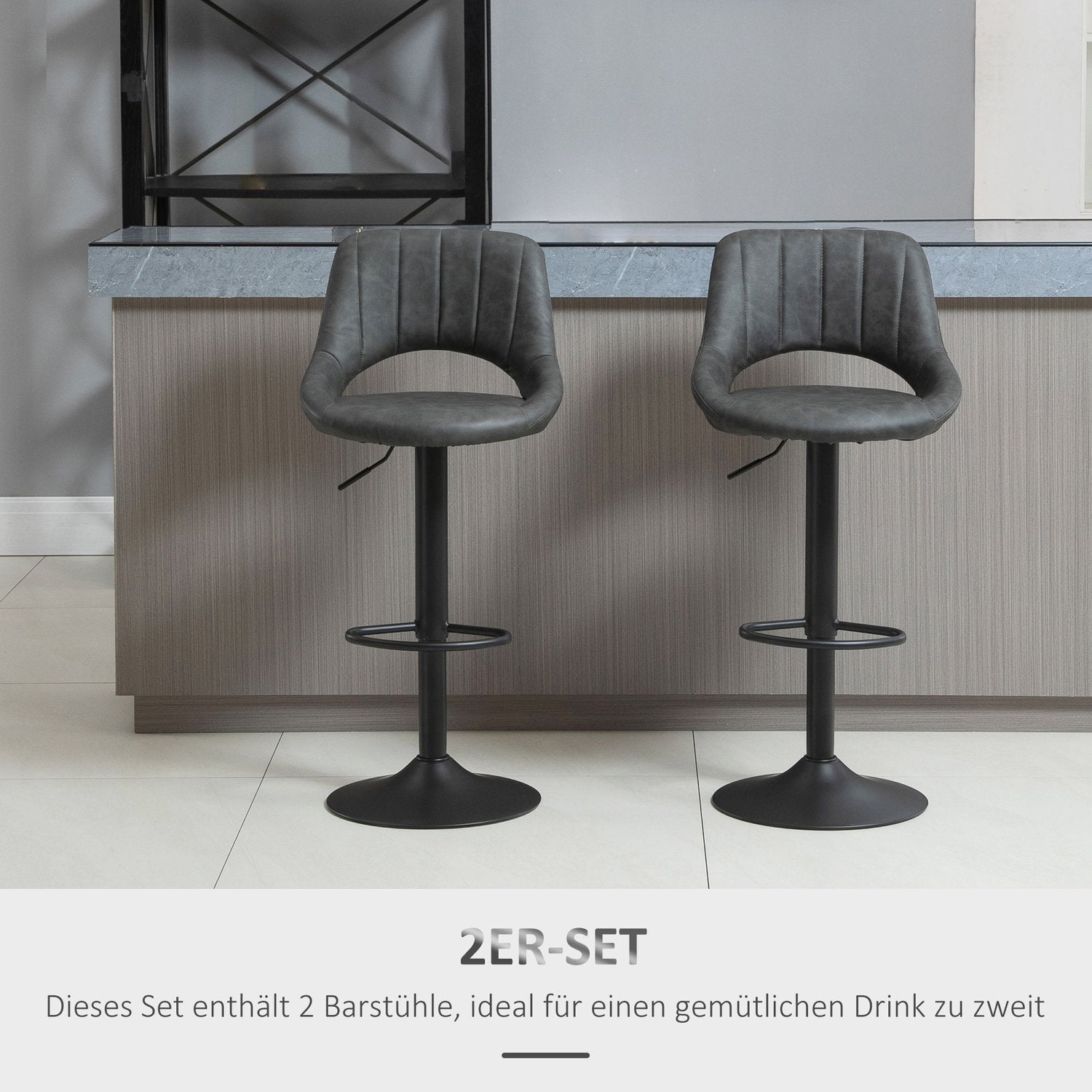 Justerbara barstolar i grå läderlook, set om 2 – vridbar och metallram