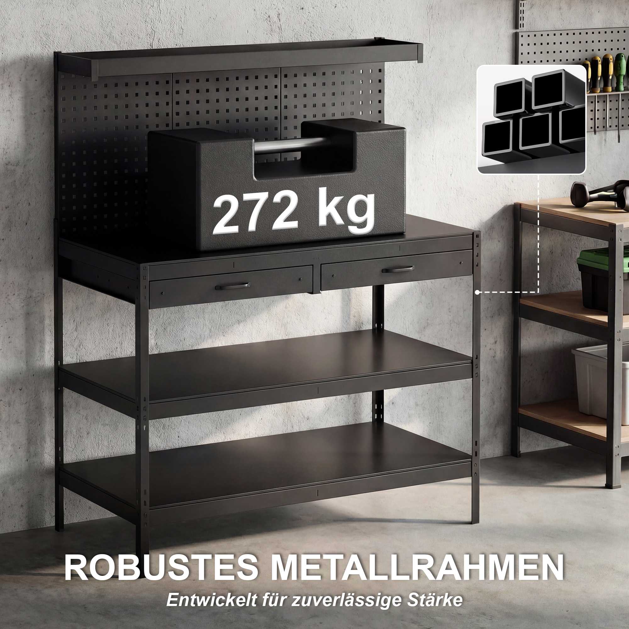 Justerbar arbetsbänk med hylsplatta och hyllplan, svart, 122x61x156 cm
