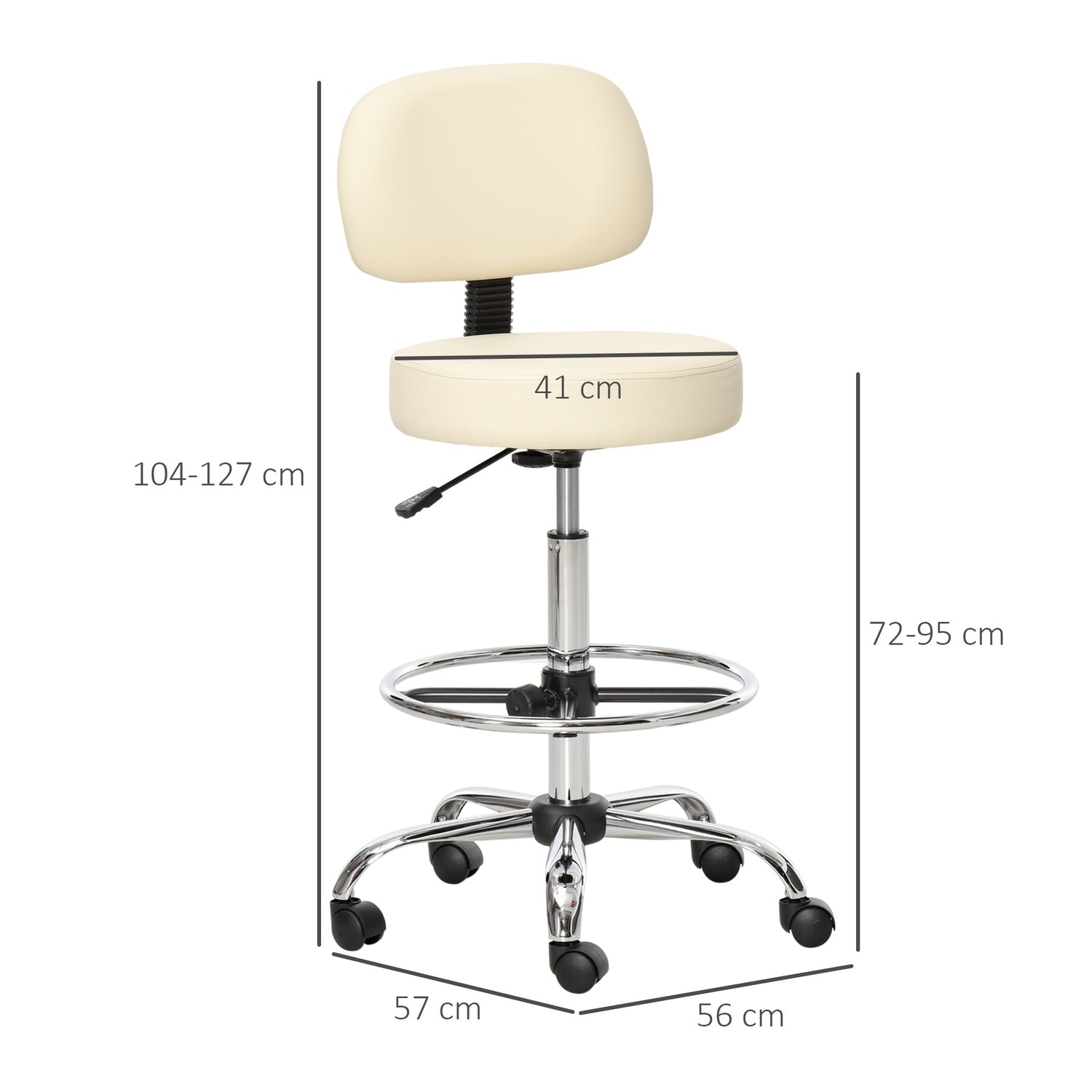 Justerbar beige PU pall med ryggstöd – 56x57x104-127cm