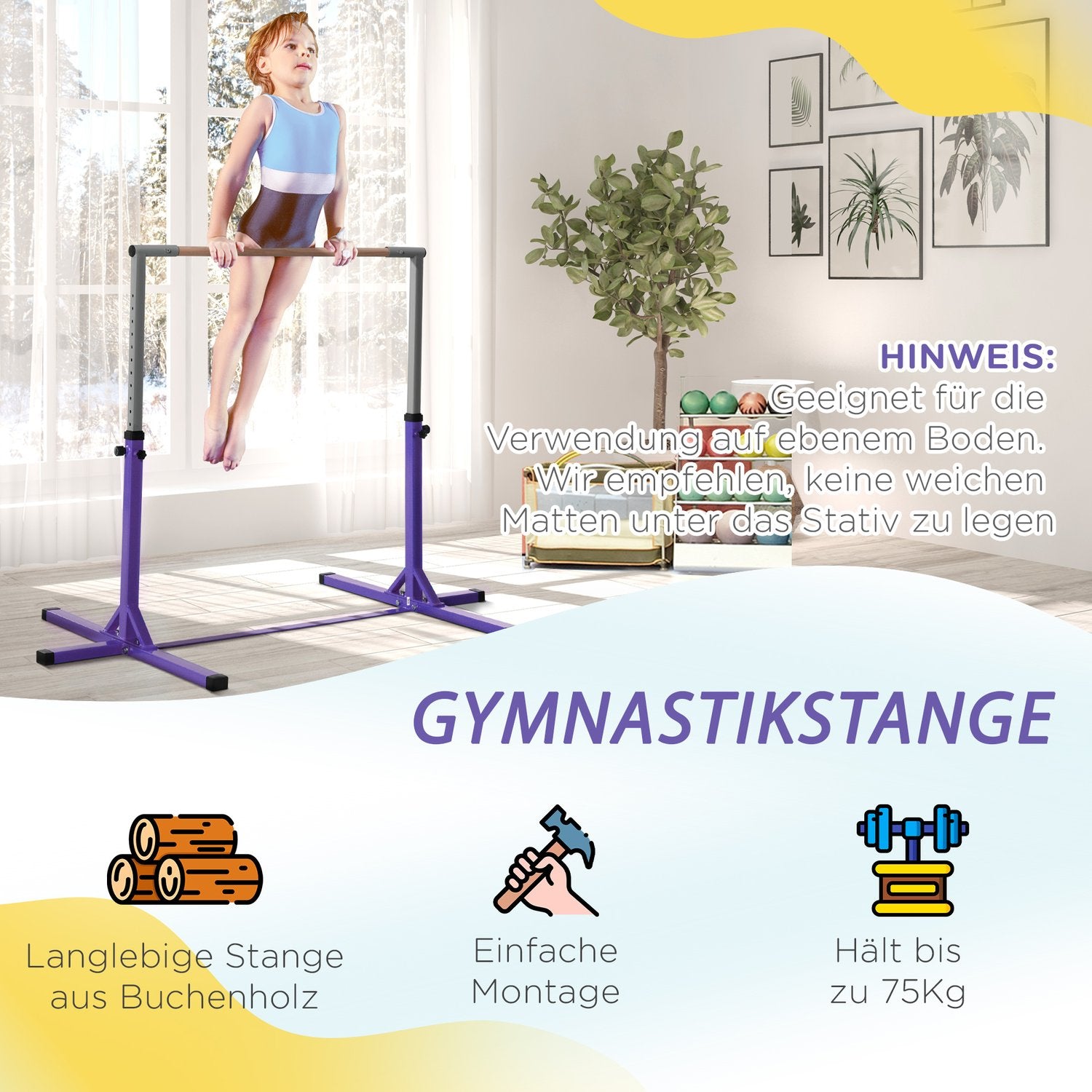 Justerbar gymnastikstång, 13-nivåer, stål & trä, 75 kg Kapacitet