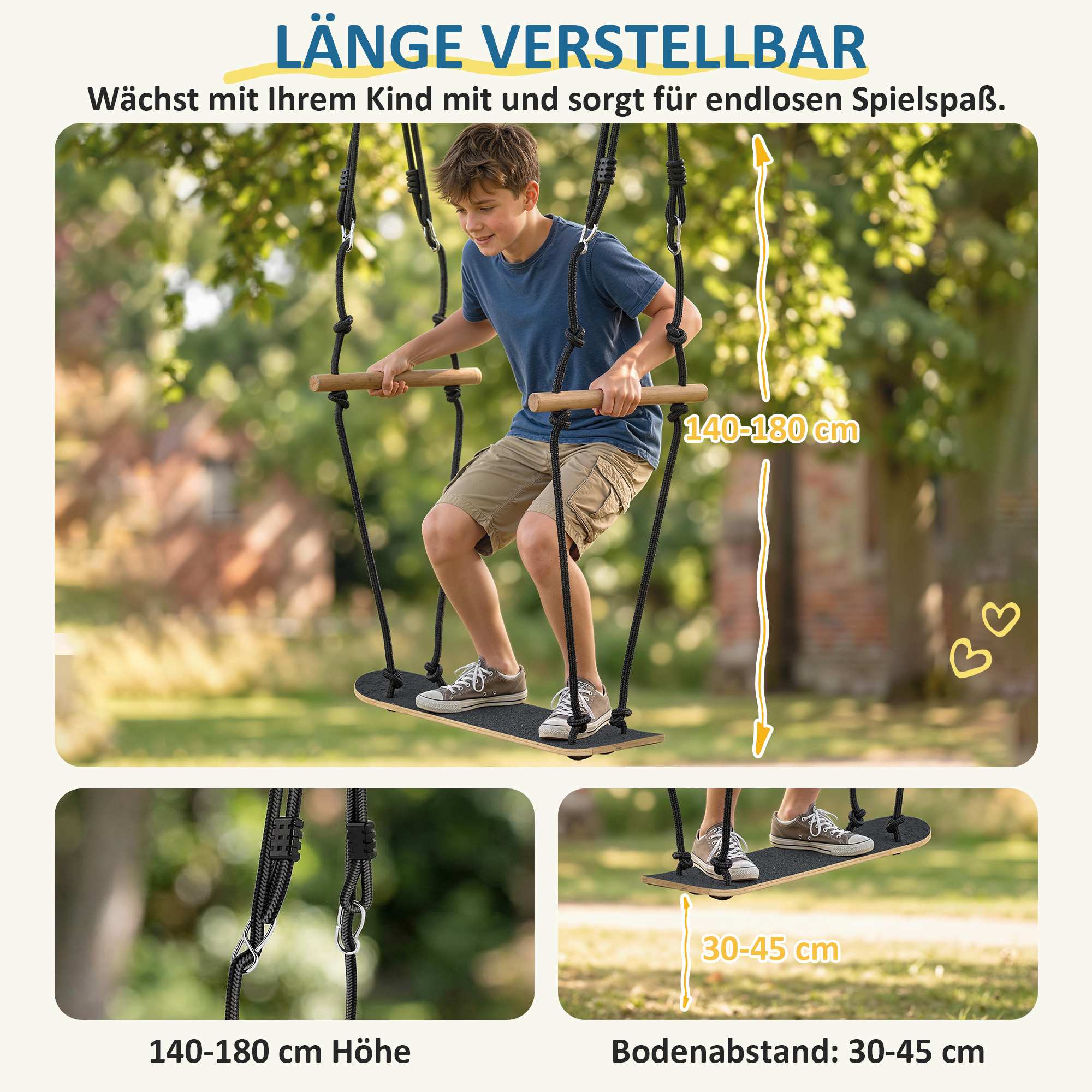 Justerbar höjd för barnskateboardgunga med halkfri bräda