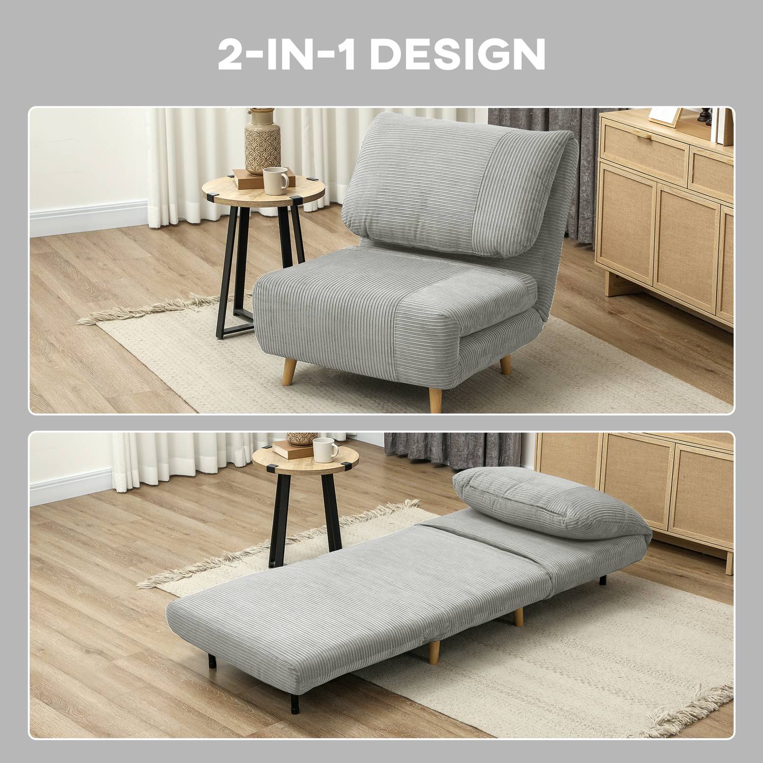 Justerbar hopfällbar bäddsoffa – Corduroy Look, Grå, 82x89x83 cm
