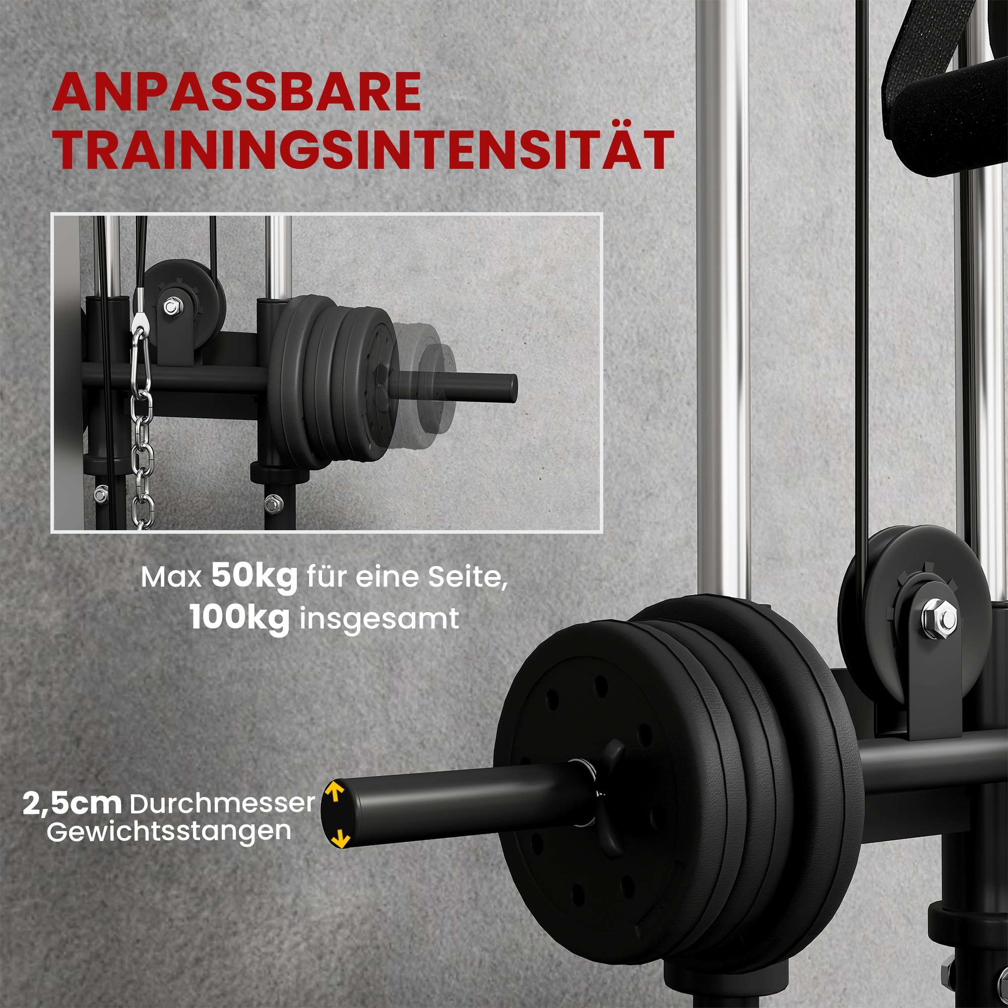 Justerbar kraftstation med dubbel remskiva, 25-165 cm, svart