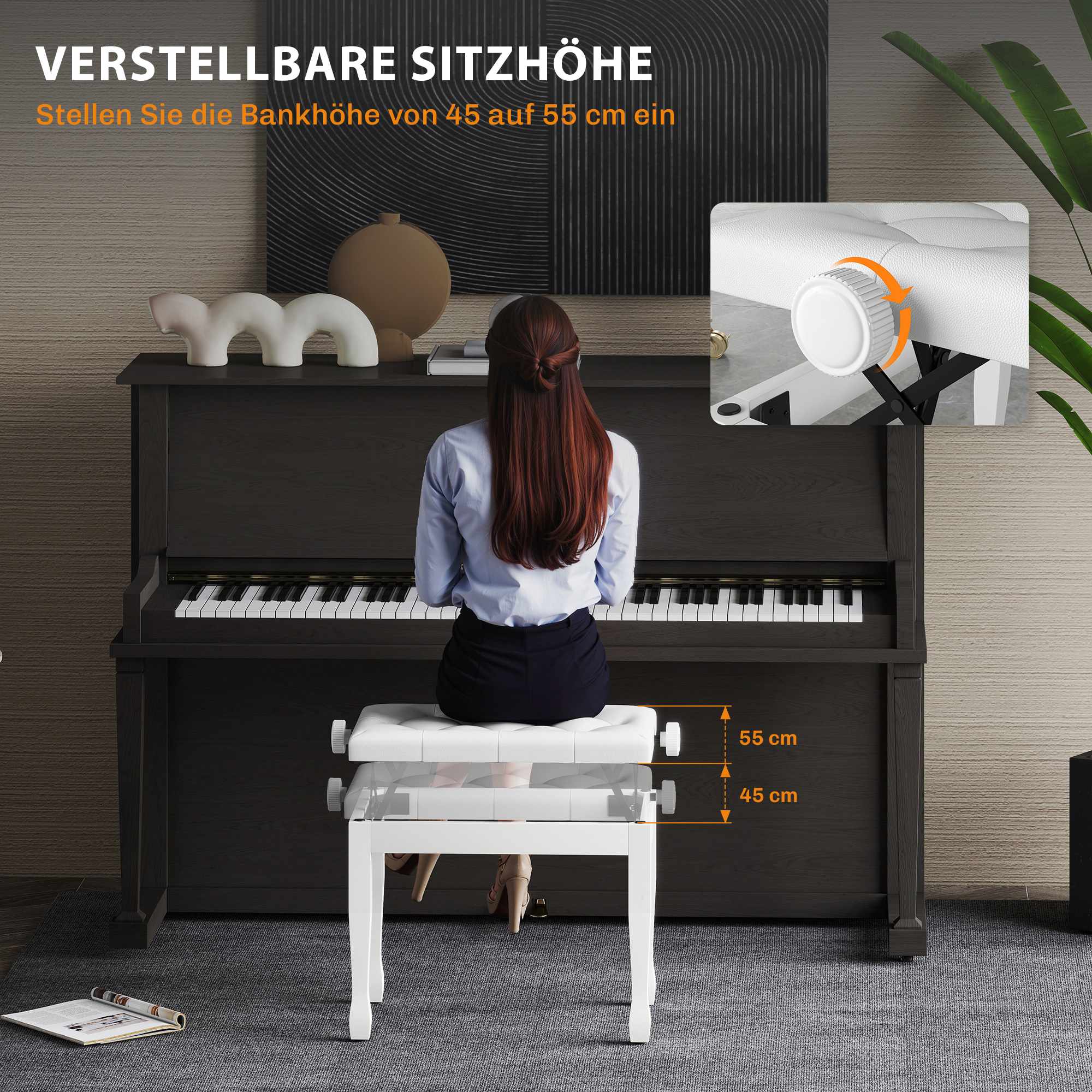 Justerbar pianobänk med konstläderdyna, vit