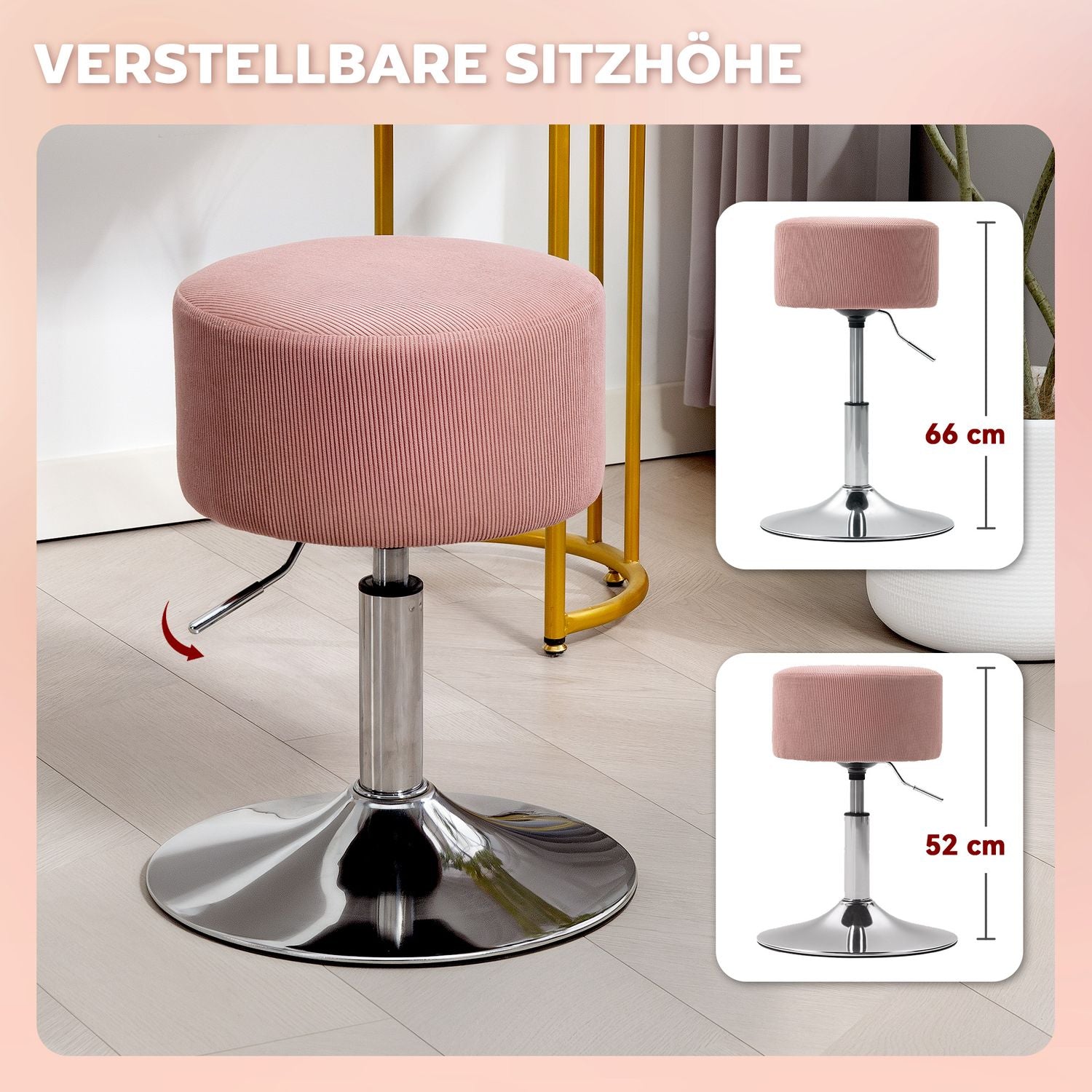 Justerbar rosa manchesterbarstol, 360° vridbar, metallbas
