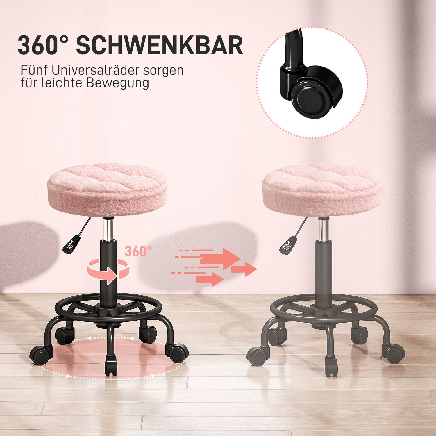 Justerbar rullpall, rosa, 360° vridbar, 50-66 cm höjd