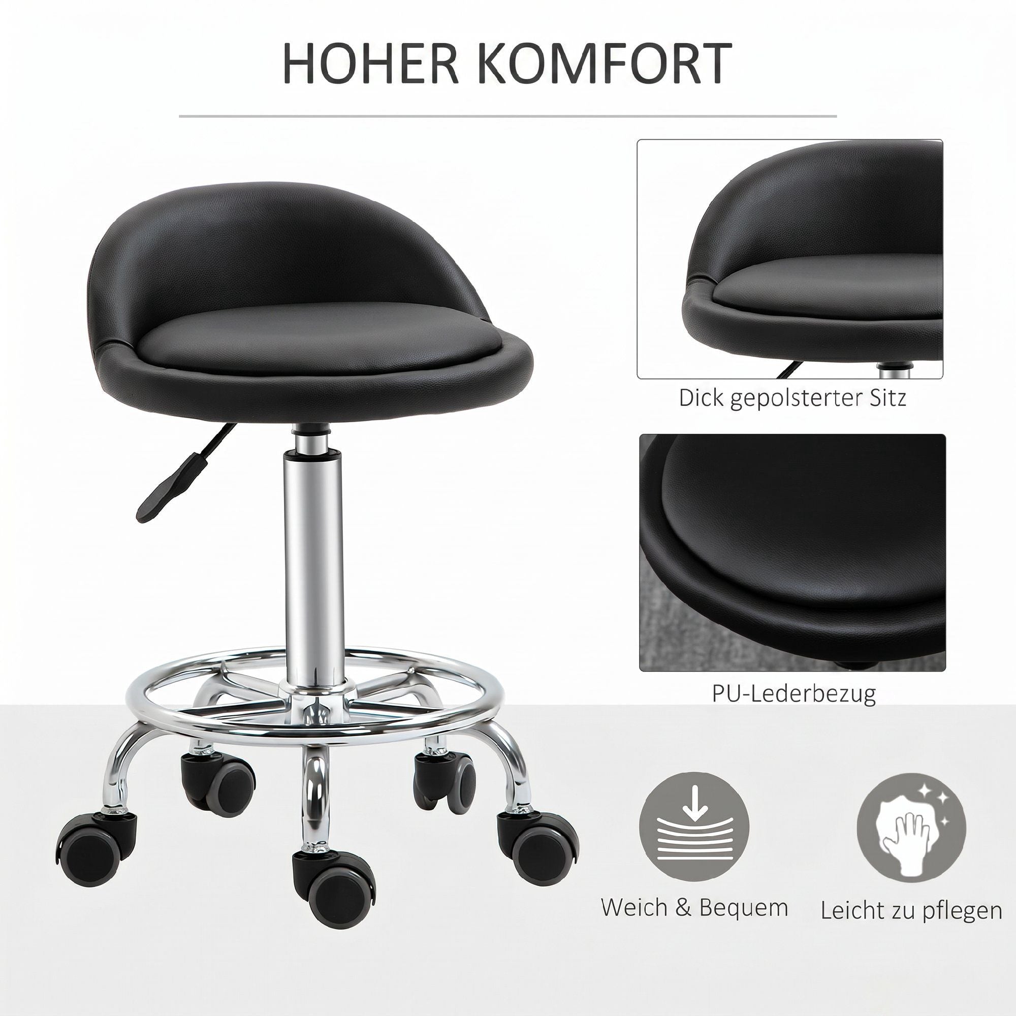 Justerbar rullpall set om 2 med ryggstöd, 57-72 cm