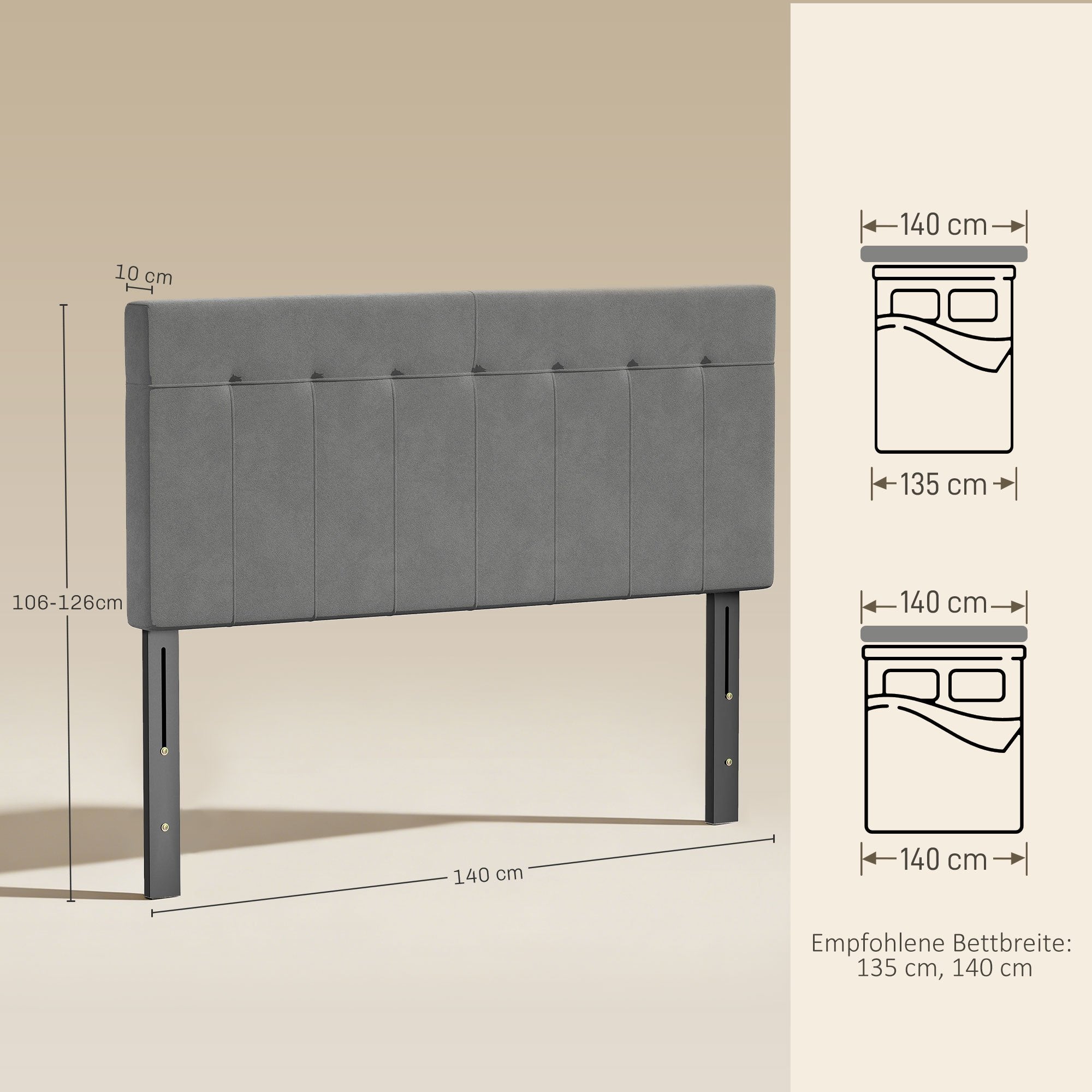 Justerbar sänggavel i sammet med metallben, 140 cm, grå