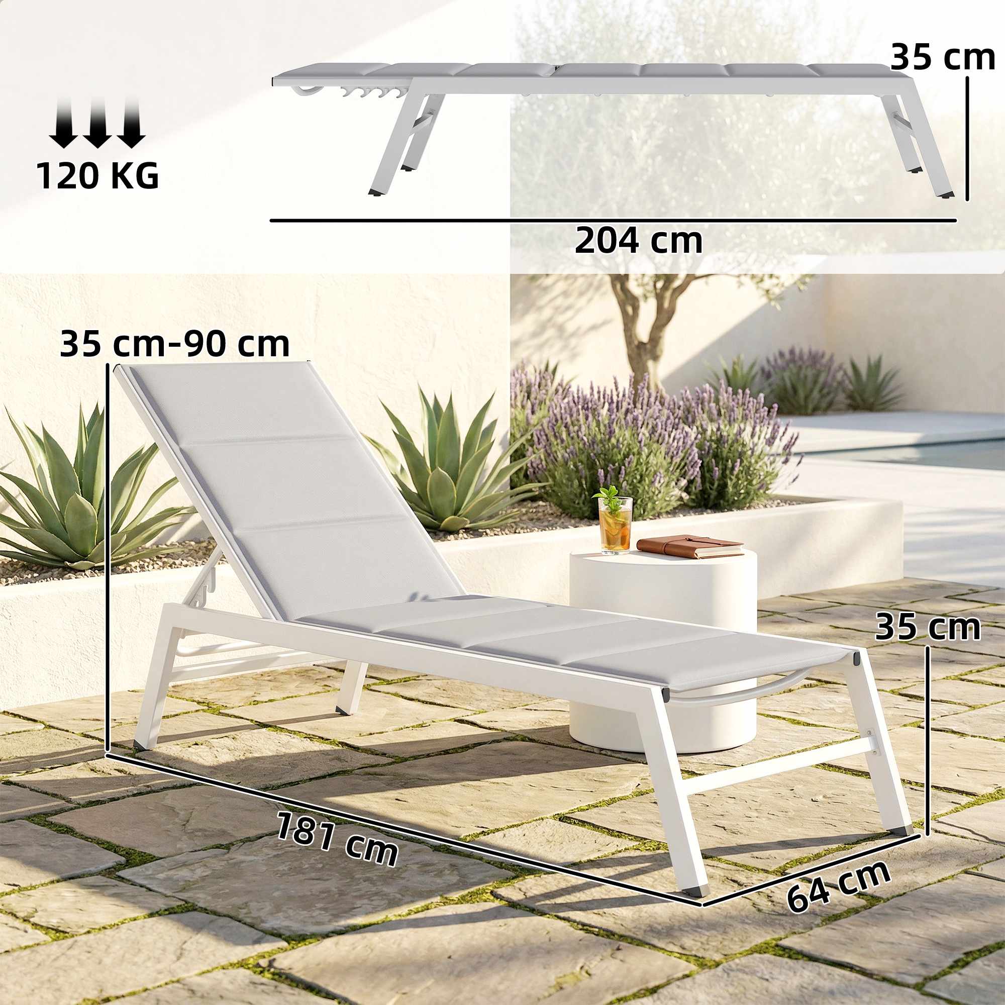 Justerbar solsäng, Andningsbart tyg, Aluminiumram