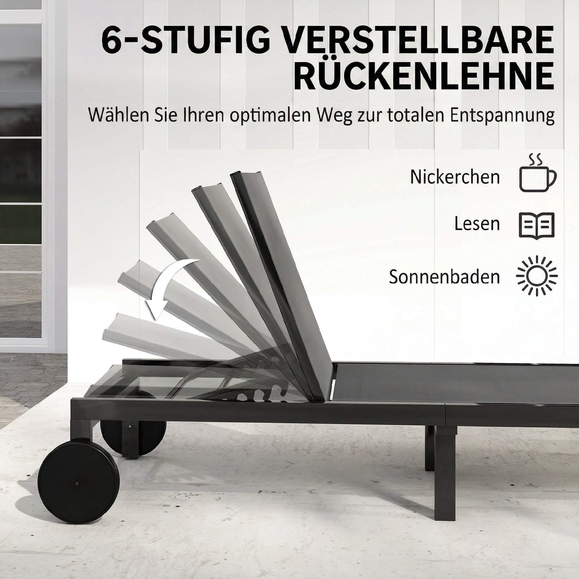 Justerbar solsäng i aluminium med hjul, ventilerande tyg