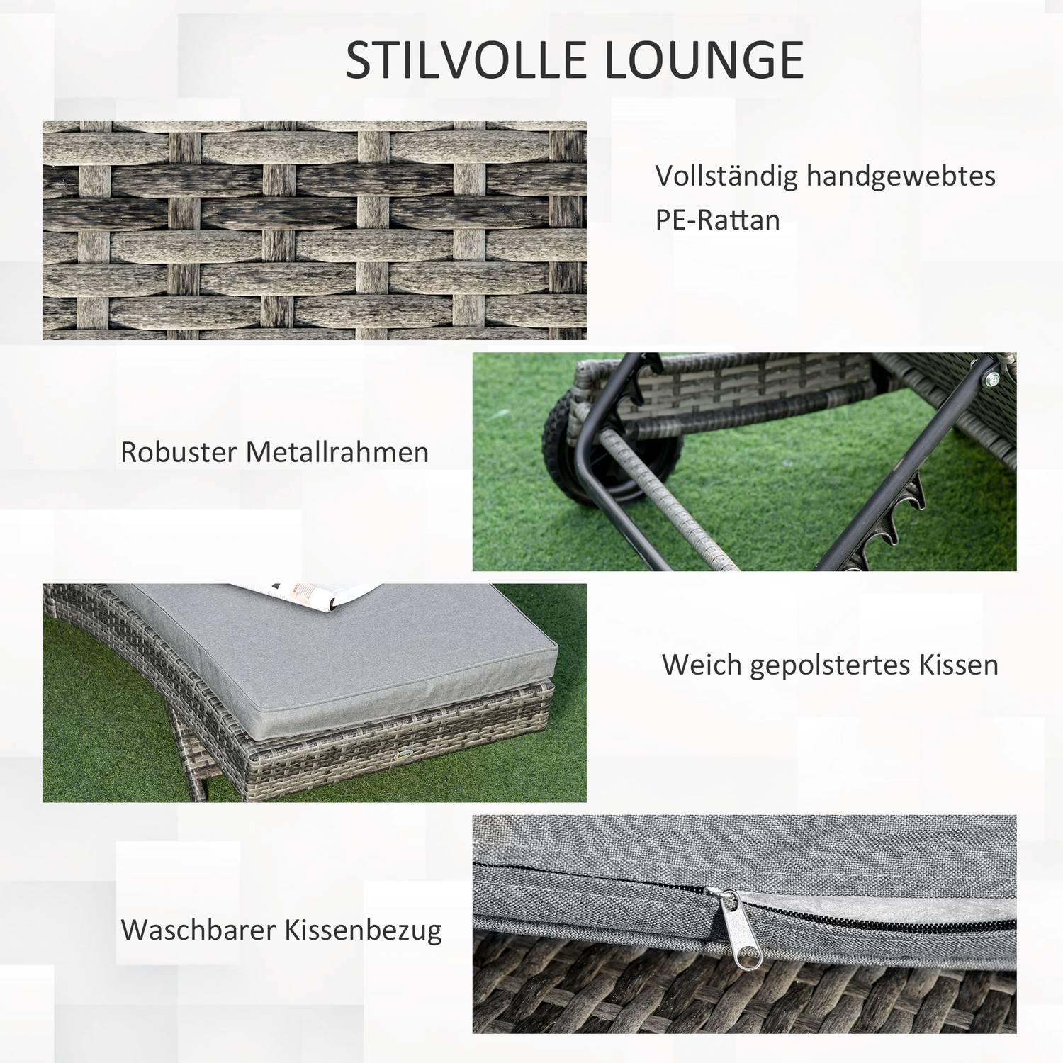 Justerbar solstol i polyrattan med dyna, grå