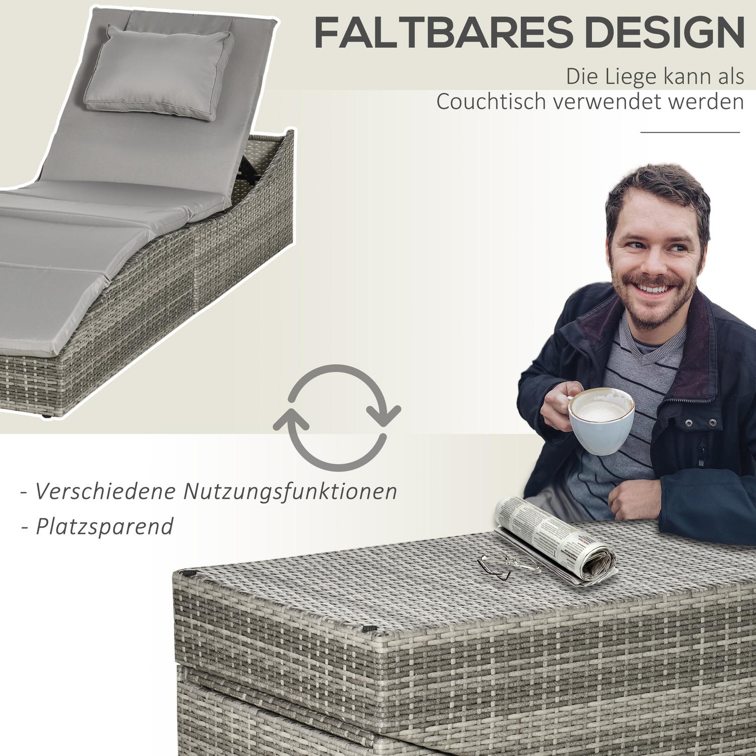 Justerbar solstol i polyrattan med kudde, hopfällbar 2-i-1-design