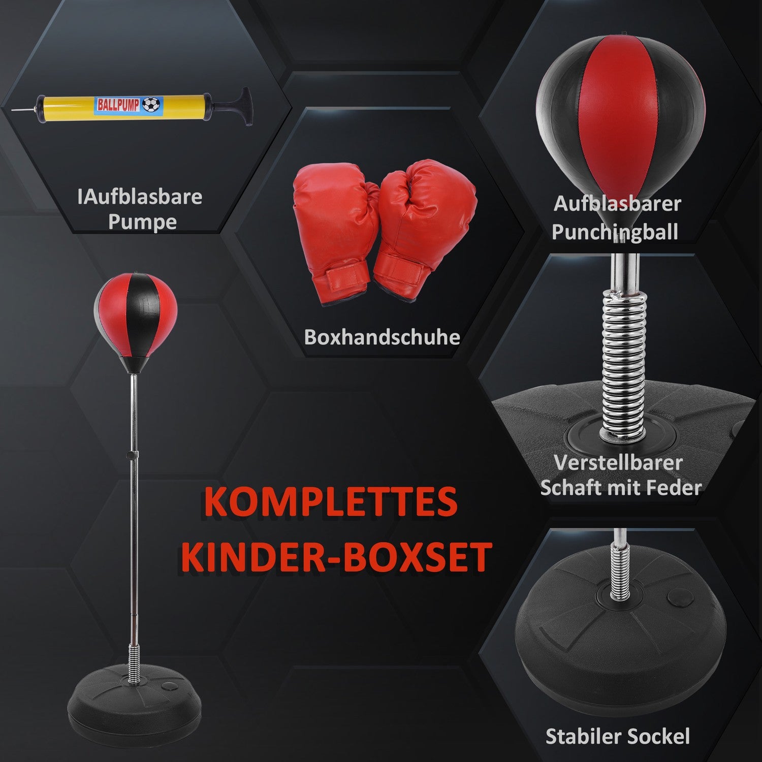 Justerbar stansbollssats med stativ och handskar (125-145cm)