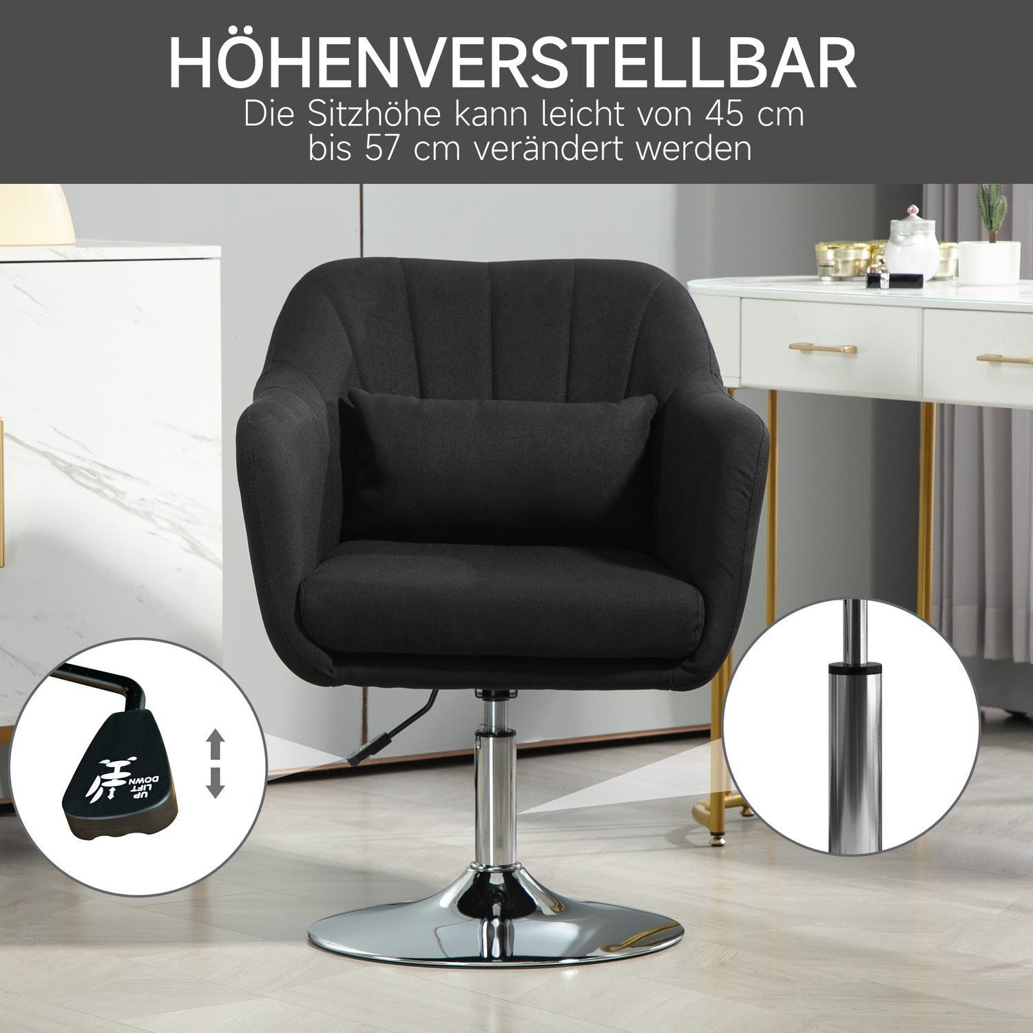Justerbar svart loungestol – metallram, armstöd, kudde