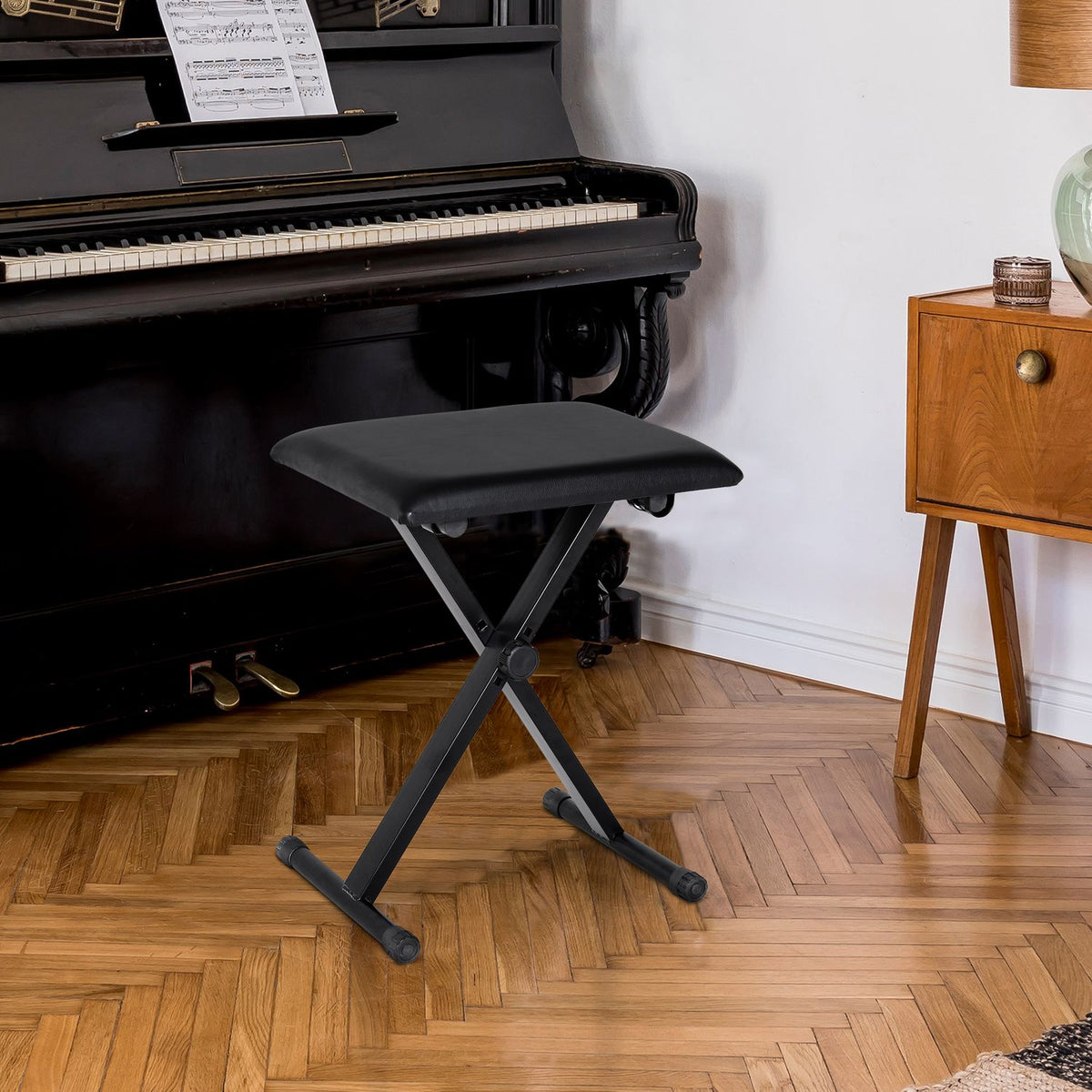 Panca per pianoforte in metallo nero regolabile – seduta in schiuma e similpelle