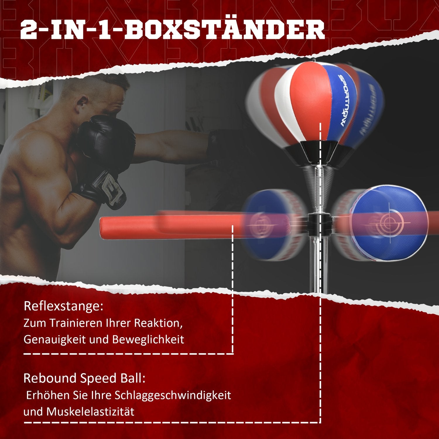 Justerbart boxningsställ med reflexstång och väska, 1,63-2,05 M