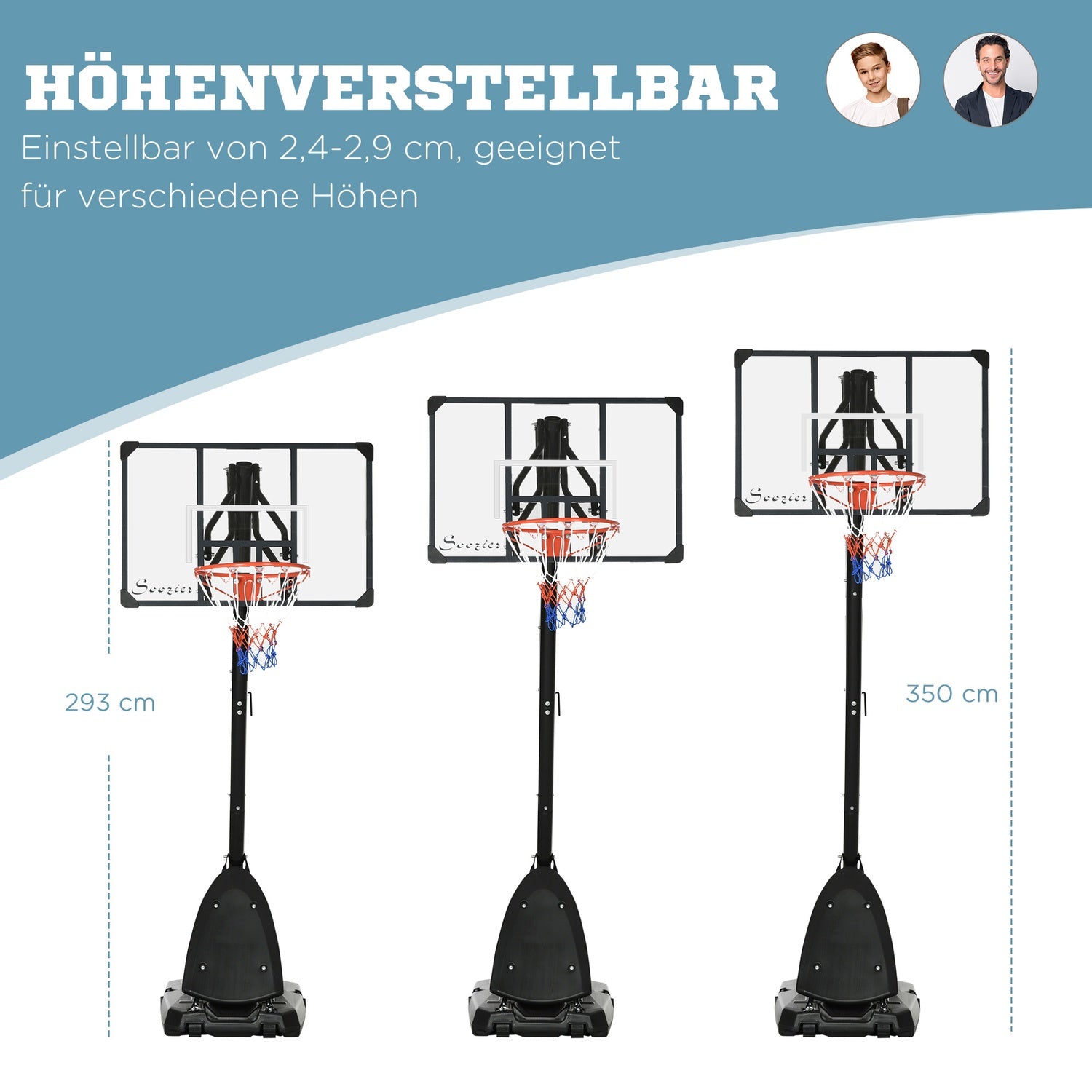 Justerbart stålbasketställ, 293-350 cm, med hjul