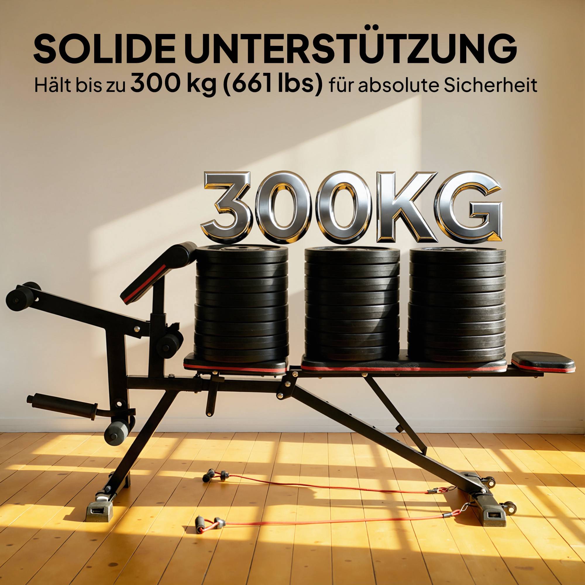 Justerbar viktbänk, 300 kg kapacitet, 3-i-1 med band