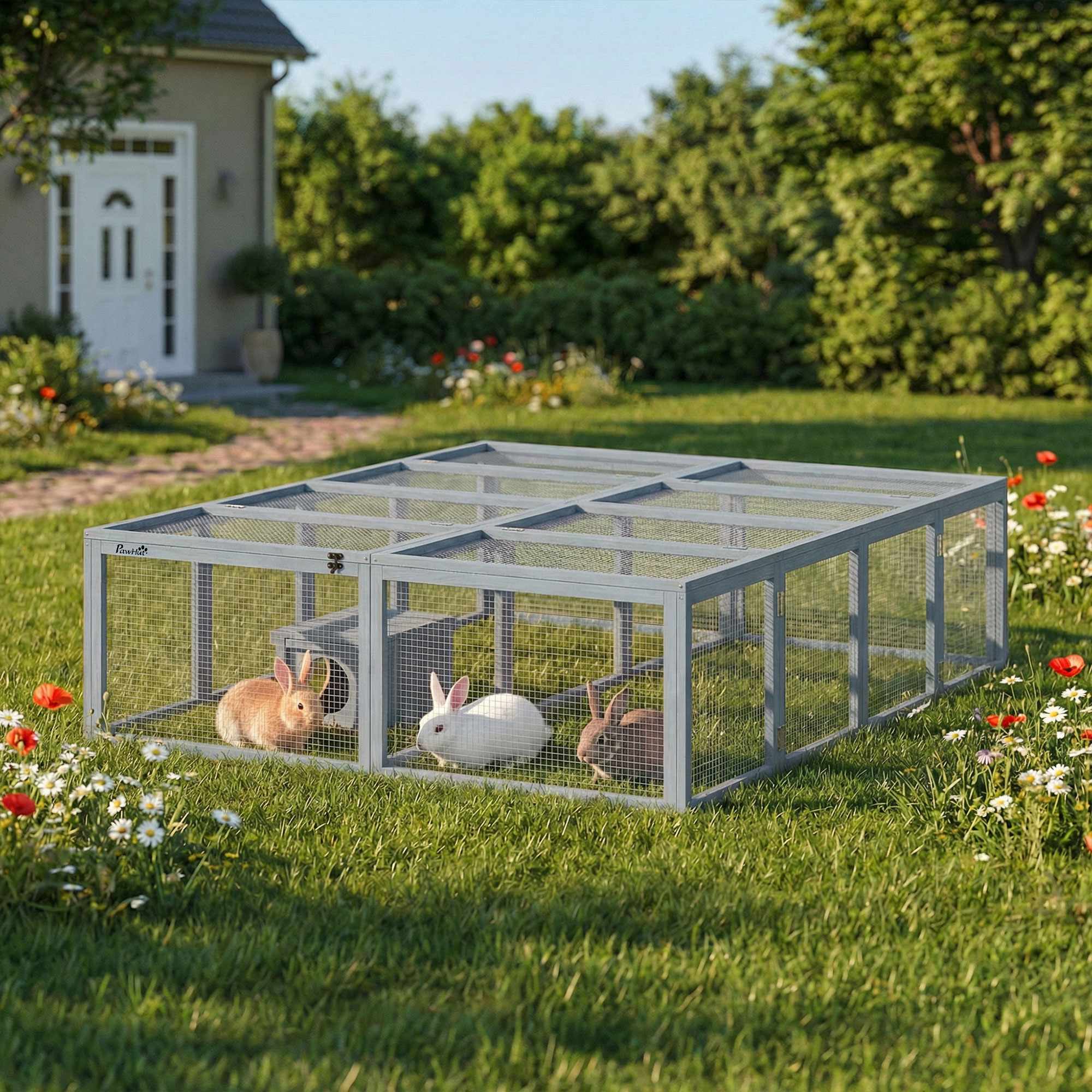 Kaninbur med stor gård, modulär design, grått trä