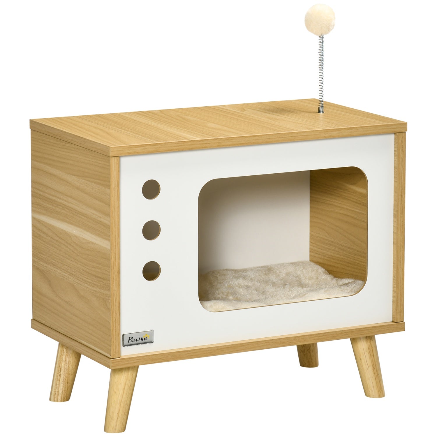 Katthus med lekboll & kudde, ek/beige/vit 50x28x43 cm