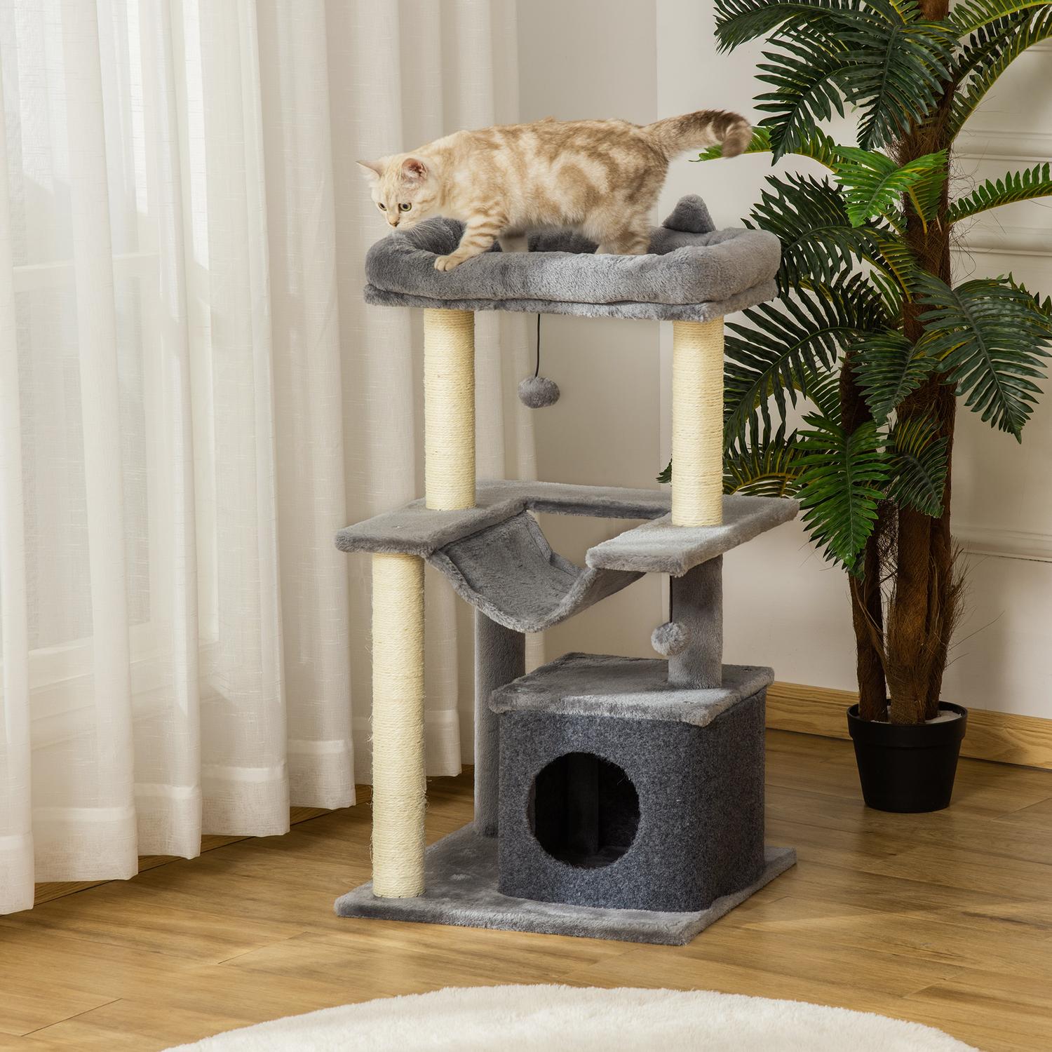 Kattklätterträd med hängmatta, plysch sisal, 90 cm, grå