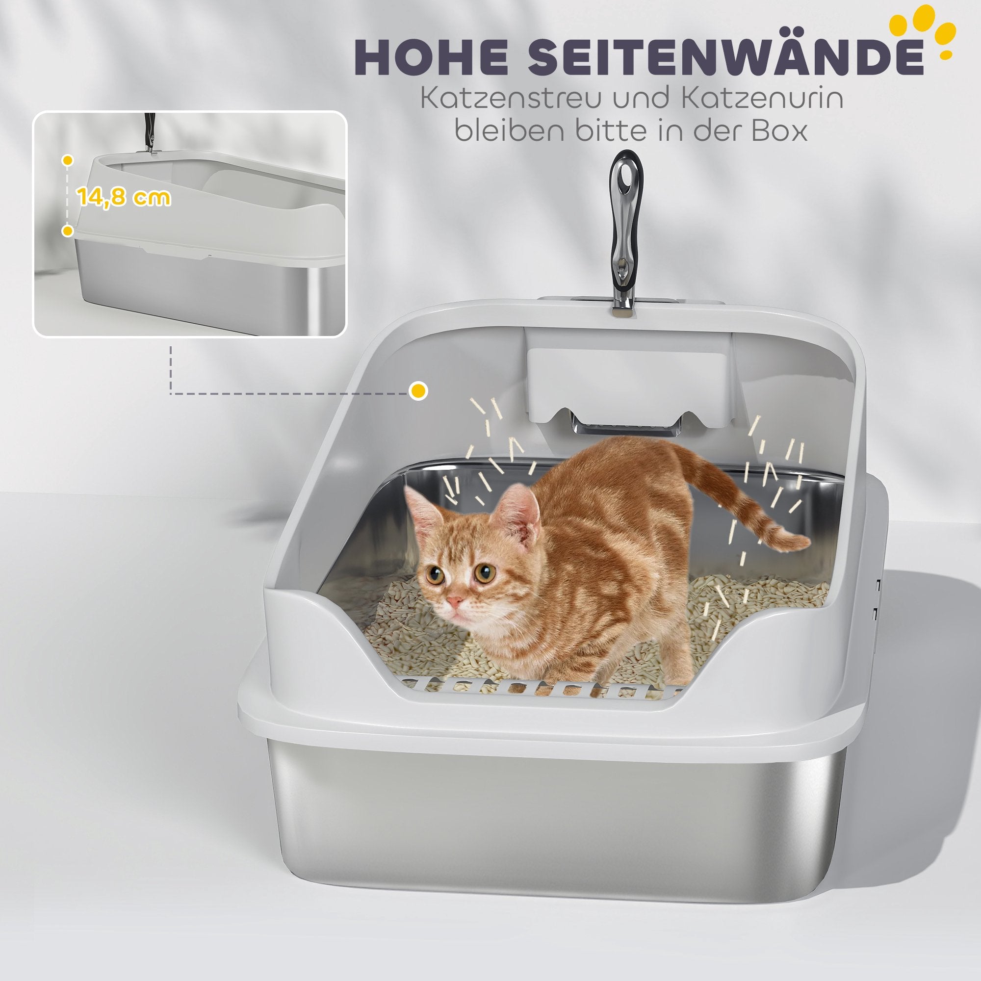 Kattlåda i rostfritt stål med skopa, höga sidor, XL