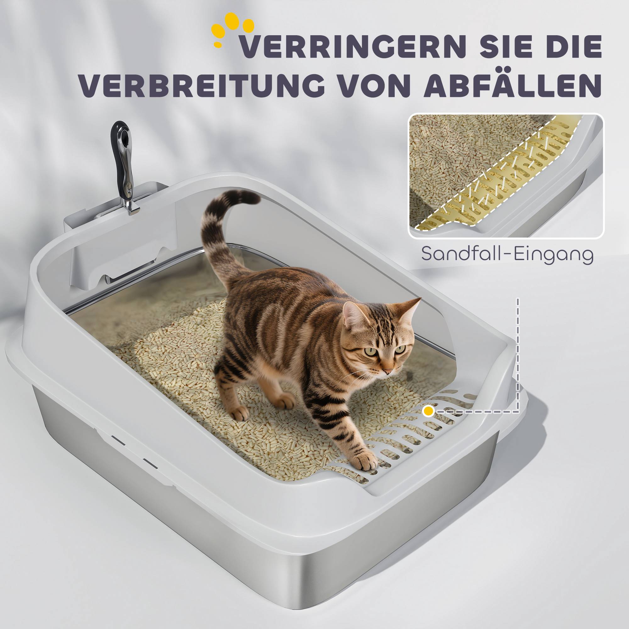 Kattlåda i rostfritt stål med skopa, höga sidor, XL