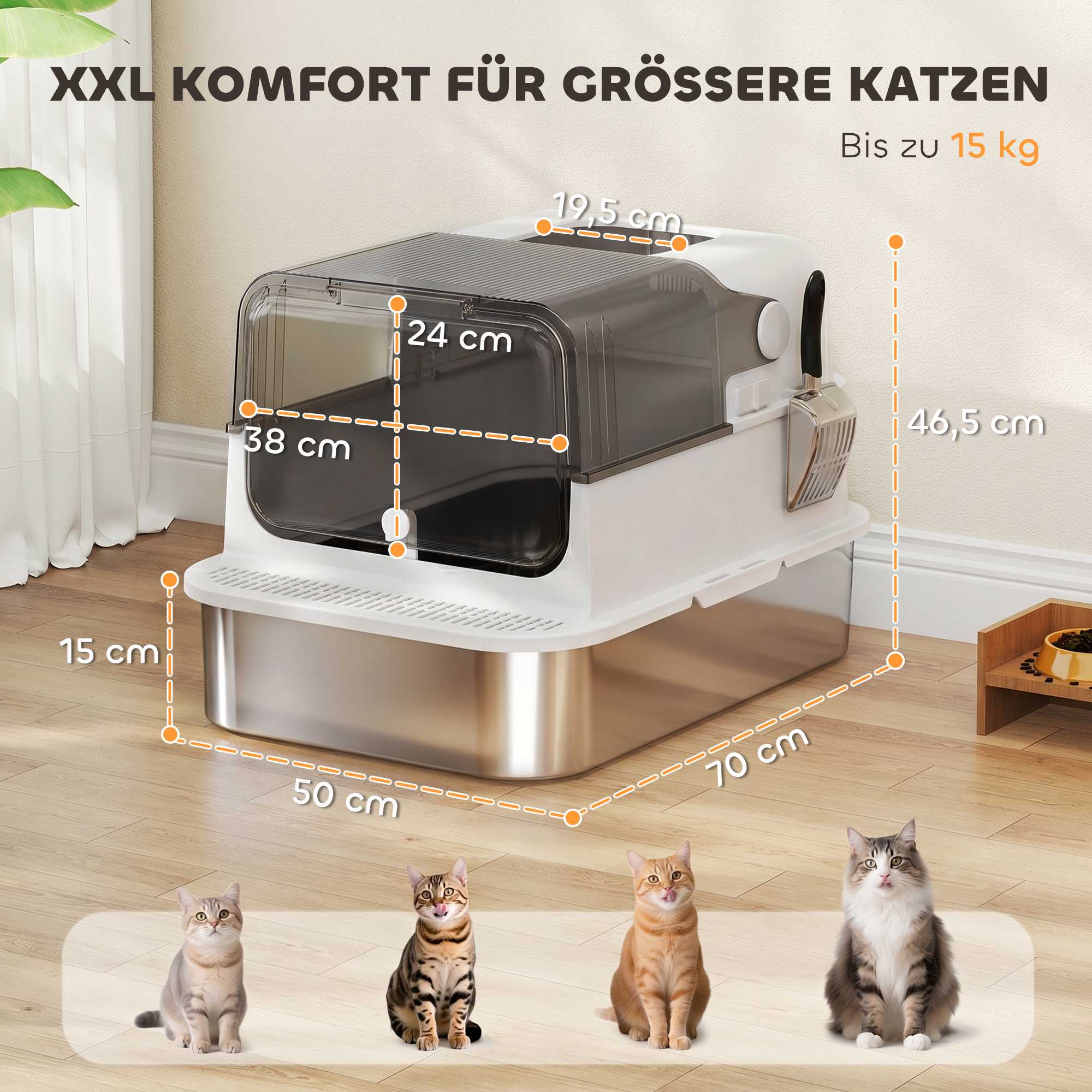Kattlåda med lock i rostfritt stål, 72L XXL, dubbel ingång