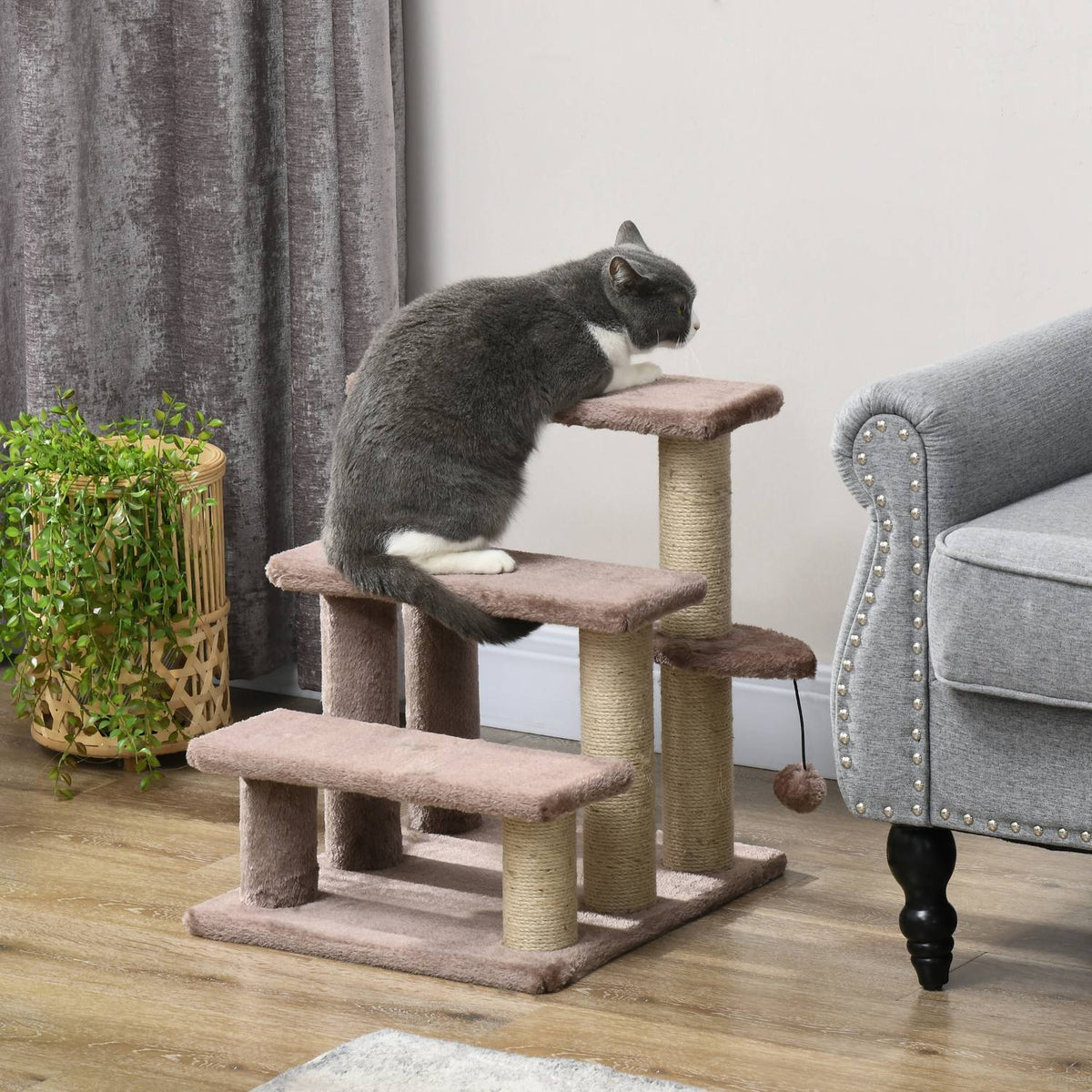 Scaletta per gatti e cani, 3 gradini con tiragraffi, peluche marrone