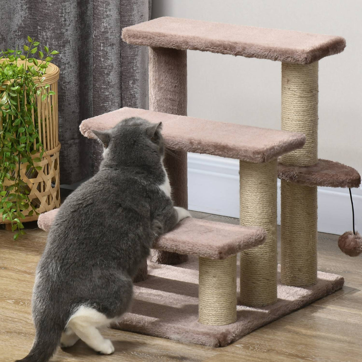 Scaletta per gatti e cani, 3 gradini con tiragraffi, peluche marrone