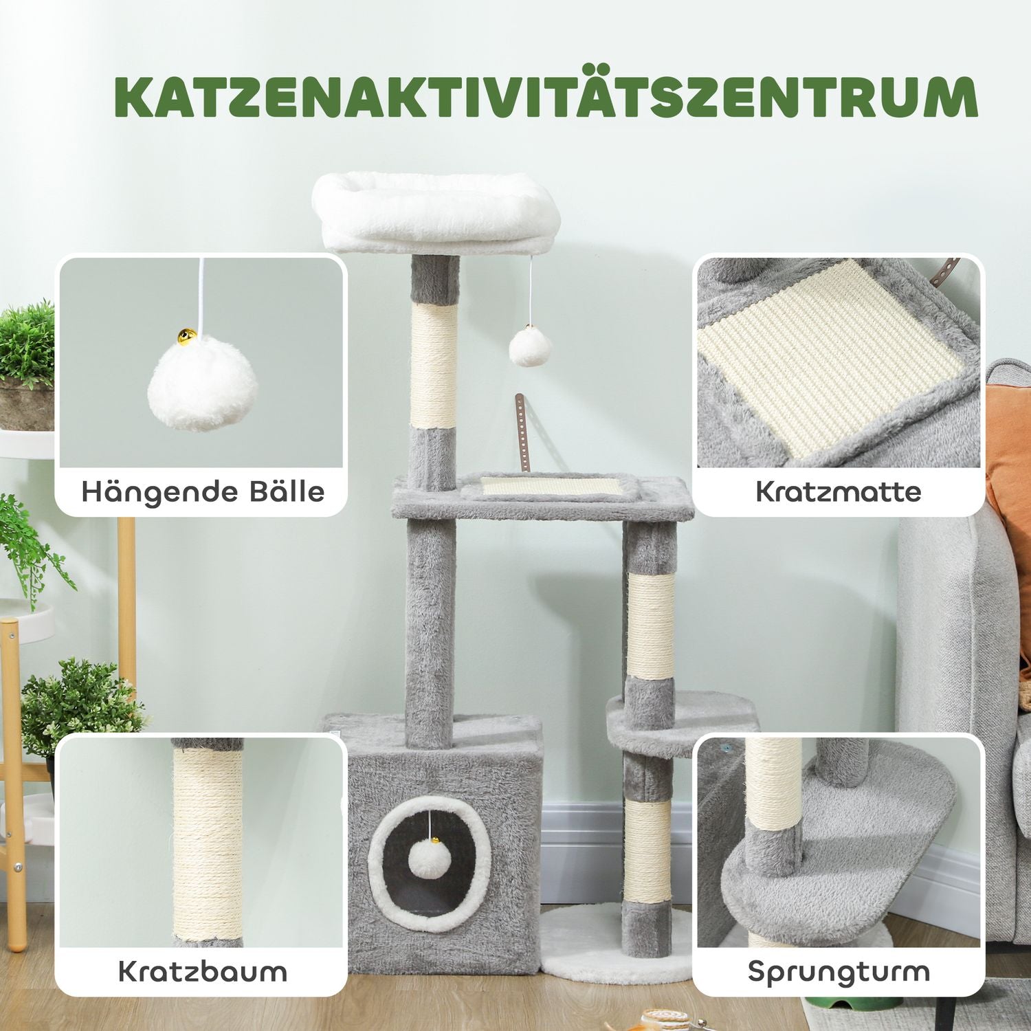 Kattorn med grotta, sisalstolpar, plyschbollar, 107 cm, grå
