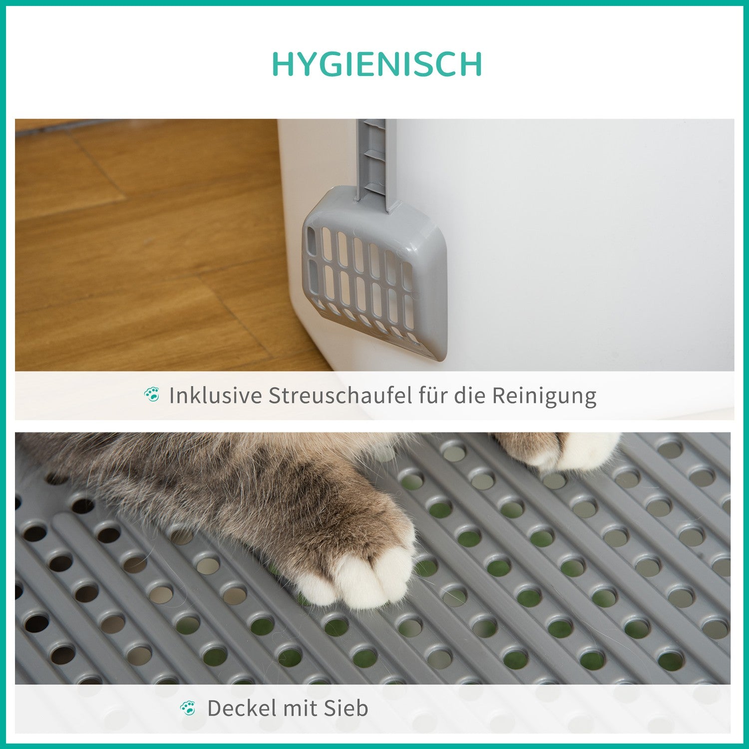 Kattsandlåda i plast med lock och skopa, inomhus – Grå/Vit