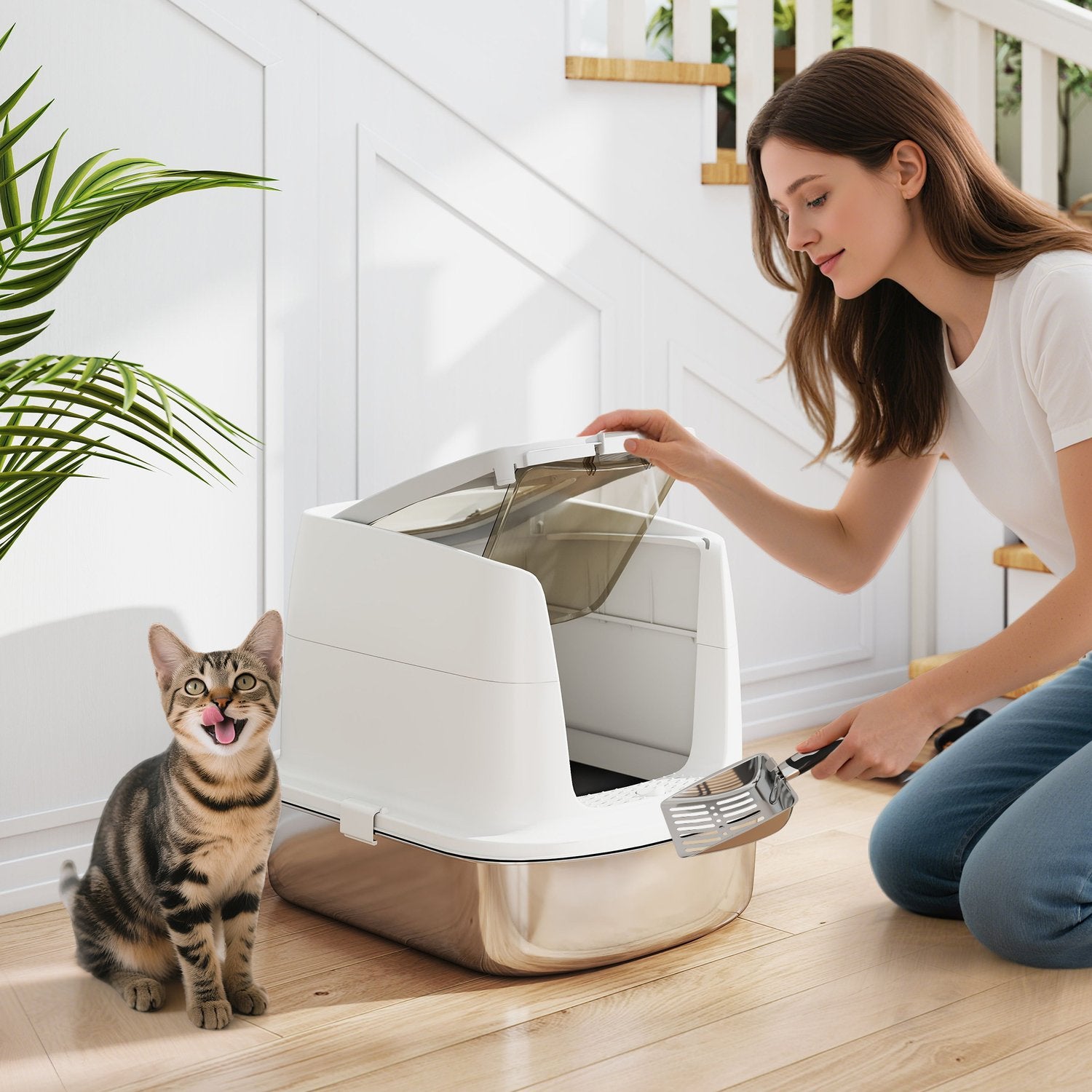 Kattsandlåda i rostfritt stål med skopa