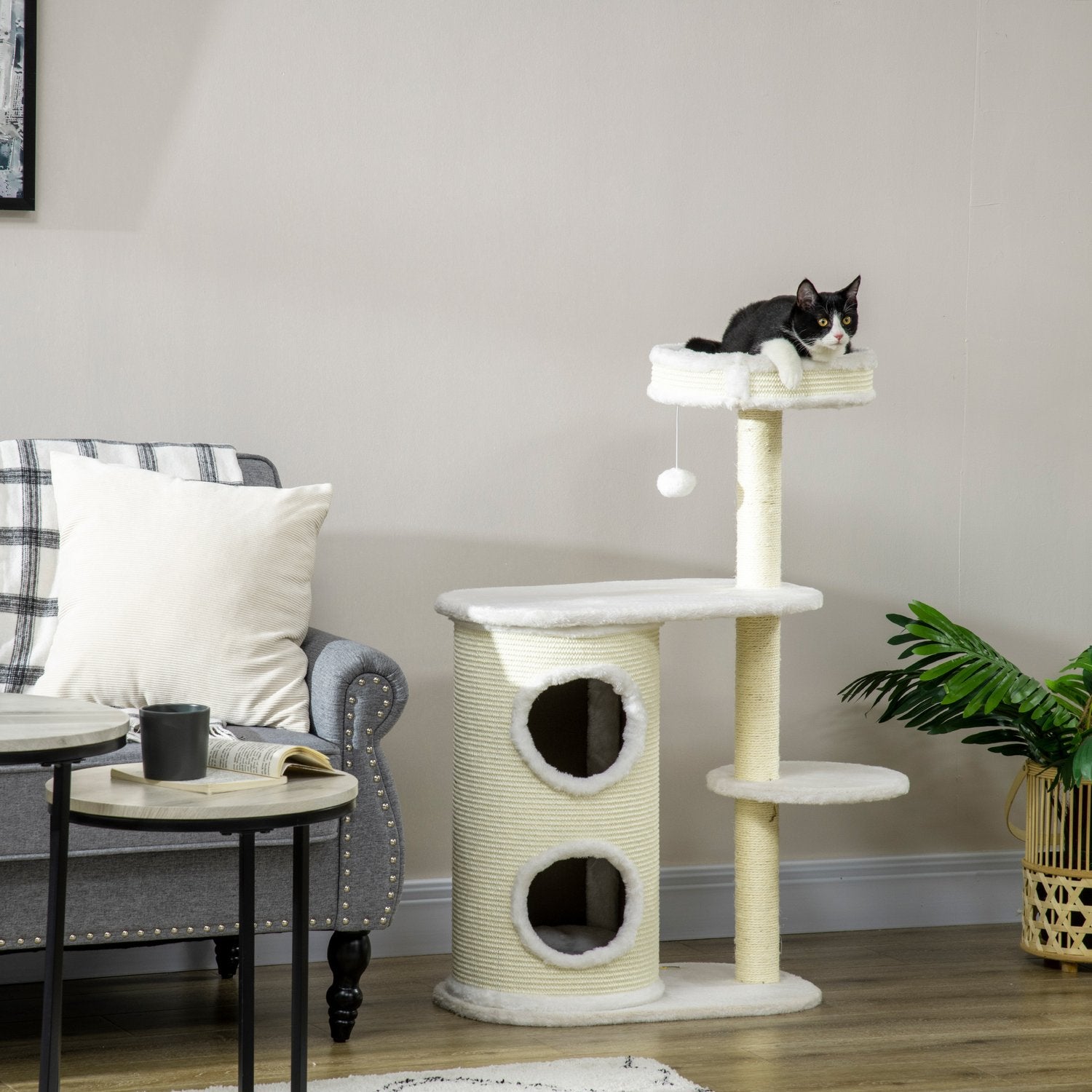 Kattskrapstolpe 100 cm med fat, sisal, lekboll