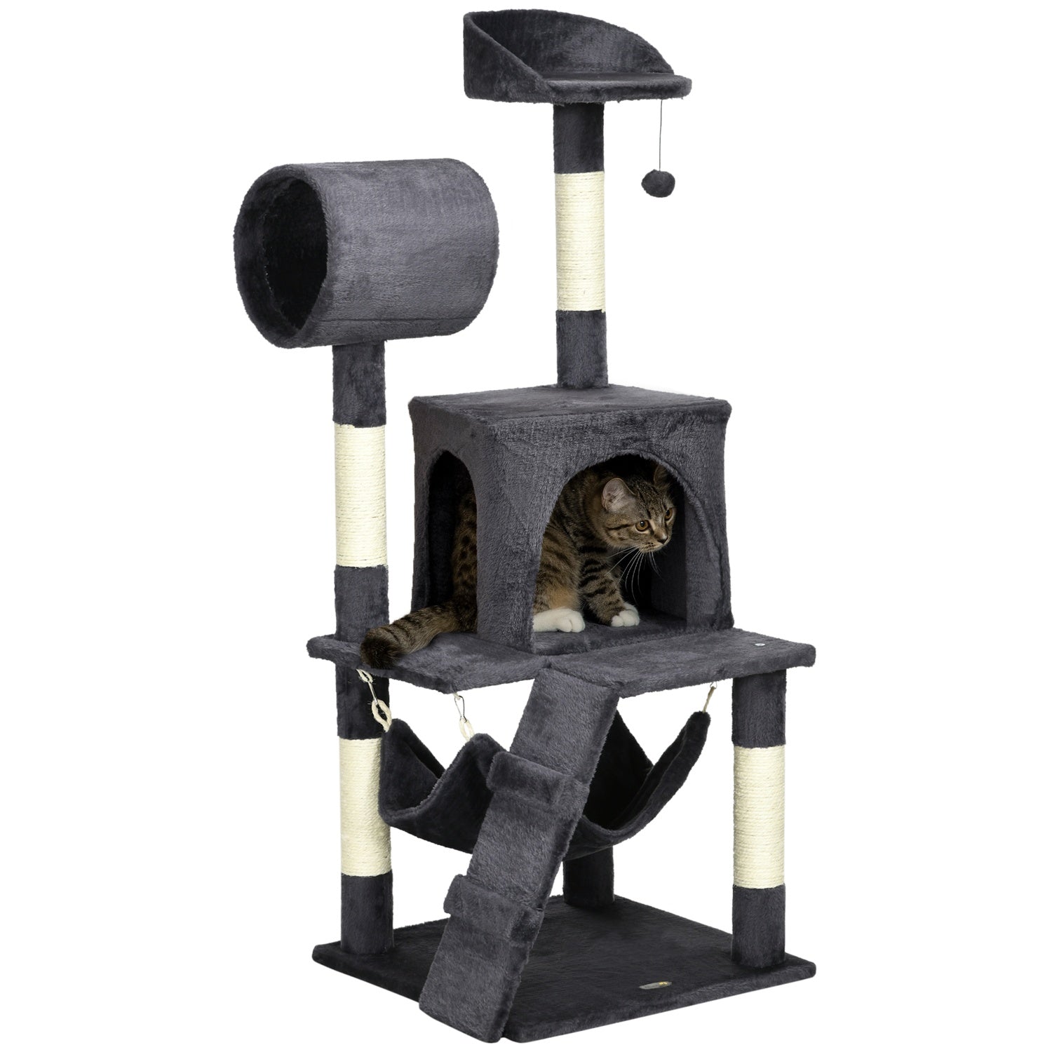 Kattskrapstolpe 125cm med hus, hängmatta & tunnel