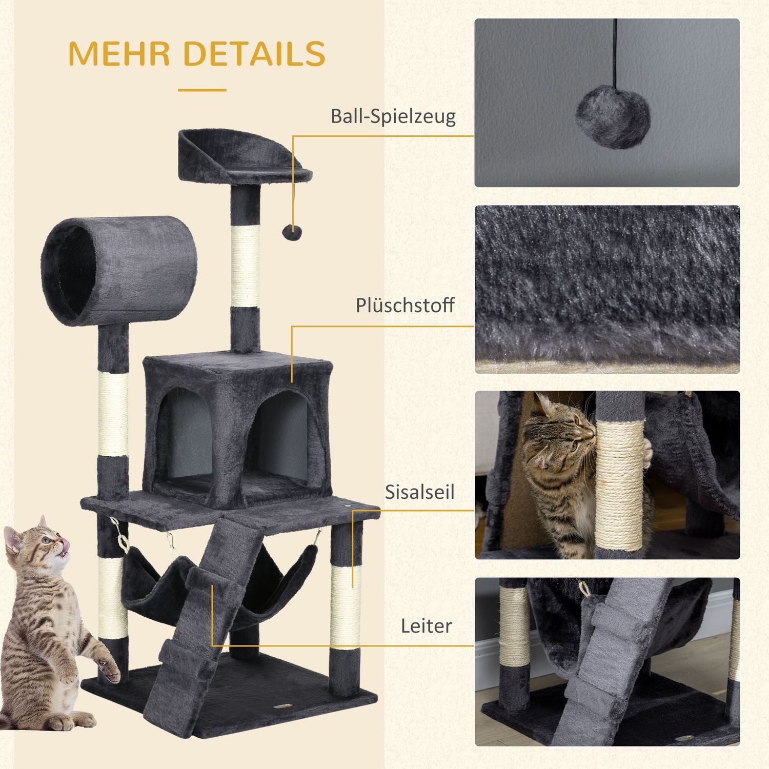 Kattskrapstolpe 125cm med hus, hängmatta & tunnel