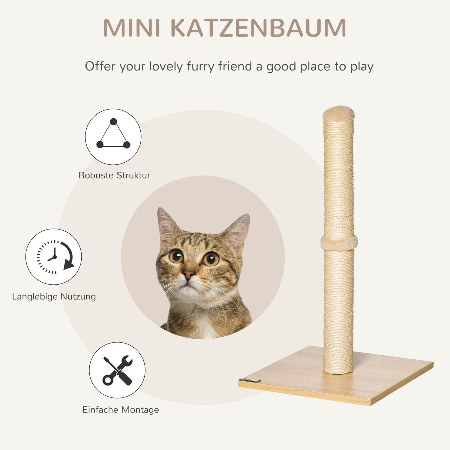 Kattskrapstolpe, Sisal med boll, Stall 60cm Beige
