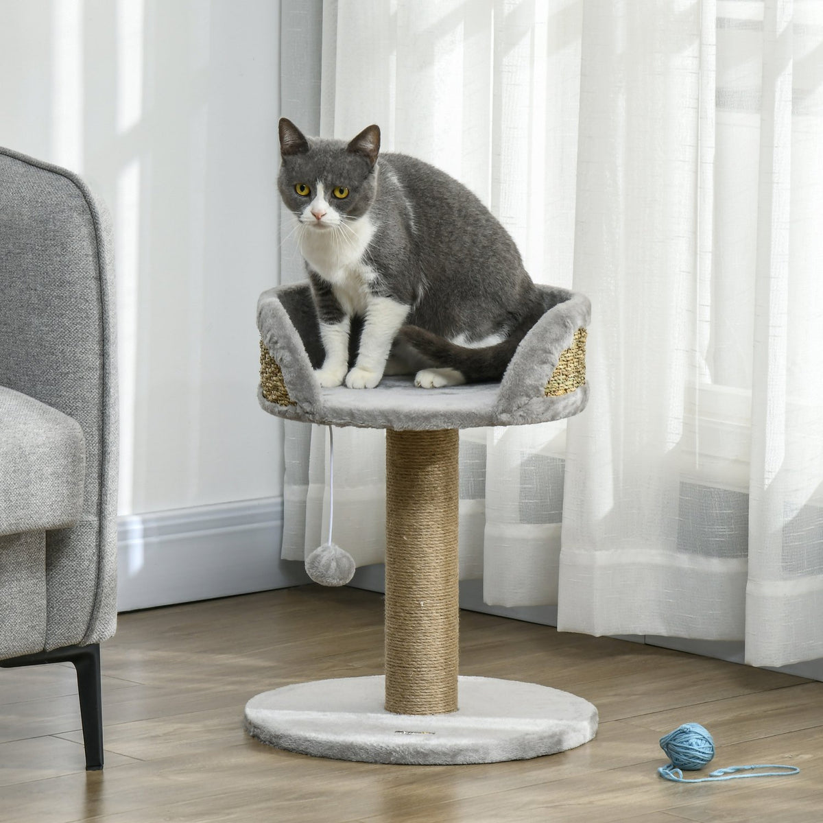Griffoir pour chat avec balle de jeu et couchage, gris