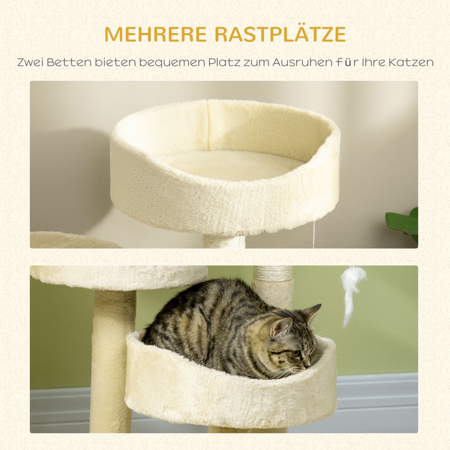 Kattskrapstolpe med säng och leksaker, 70 cm Beige