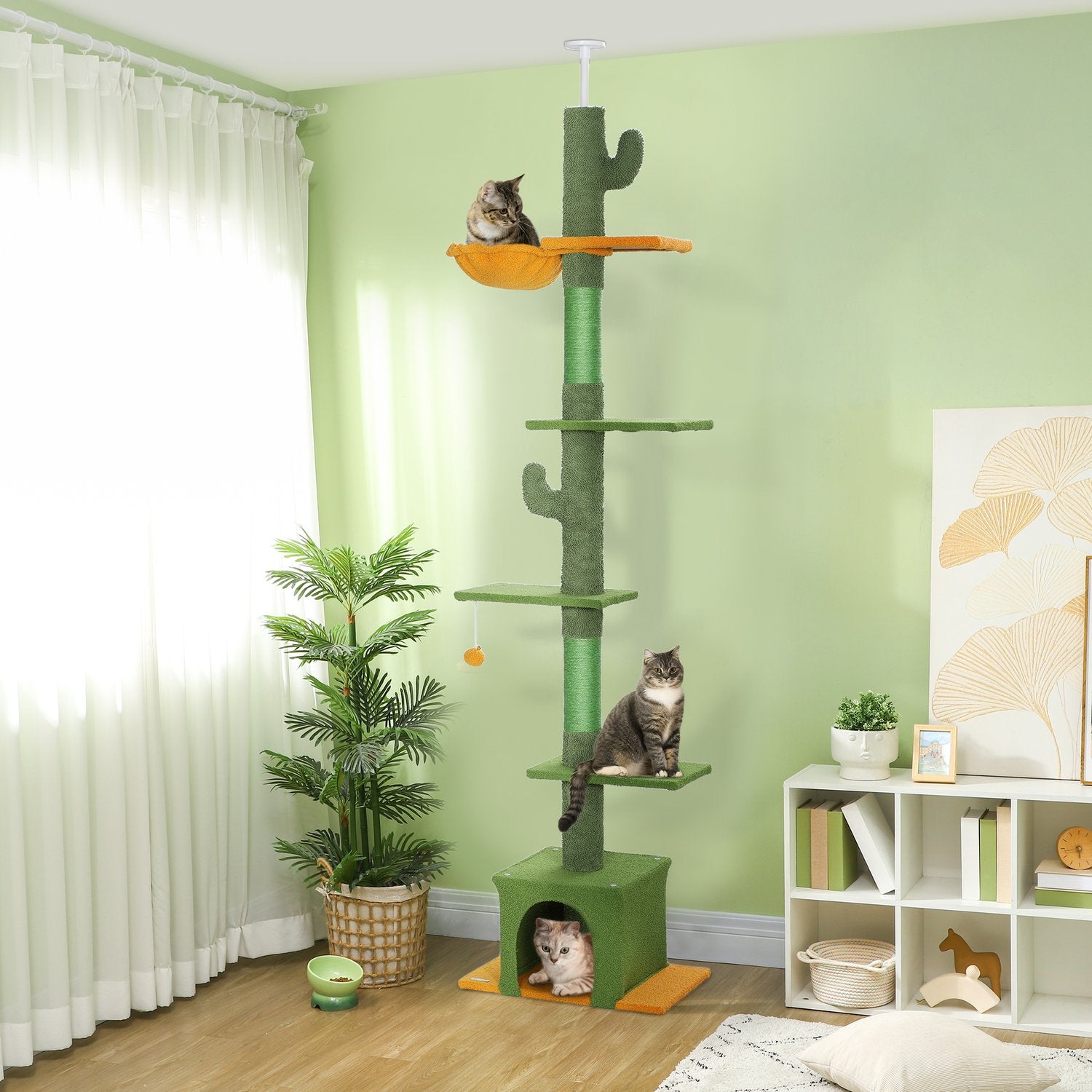 Kattträd 230-275 cm med grotta och lekboll – Grön