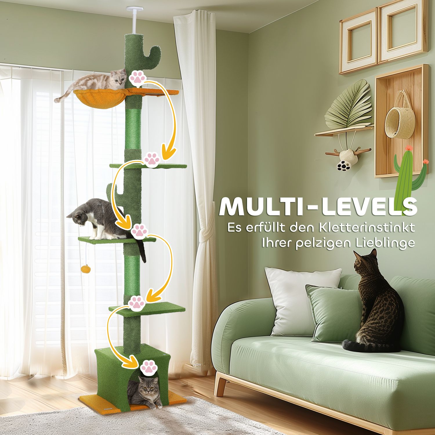 Kattträd 230-275 cm med grotta och lekboll – Grön