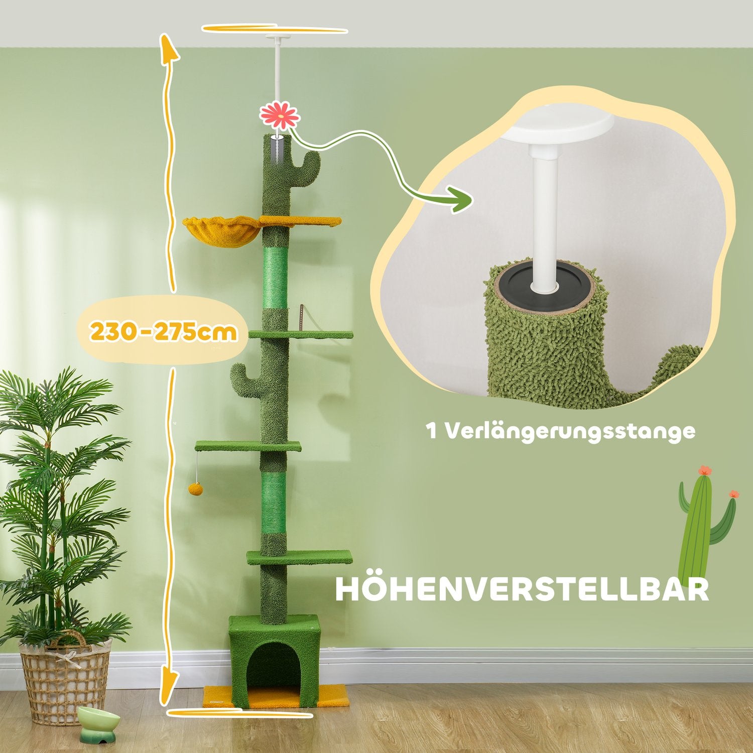 Kattträd 230-275 cm med grotta och lekboll – Grön