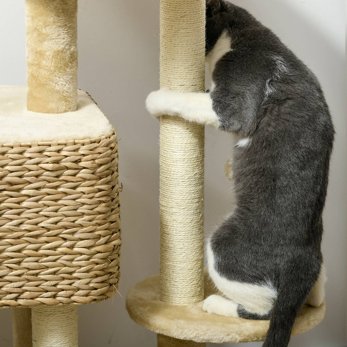 Arbre à chat 98cm avec sisal, 2 couchages, balle de jeu, beige